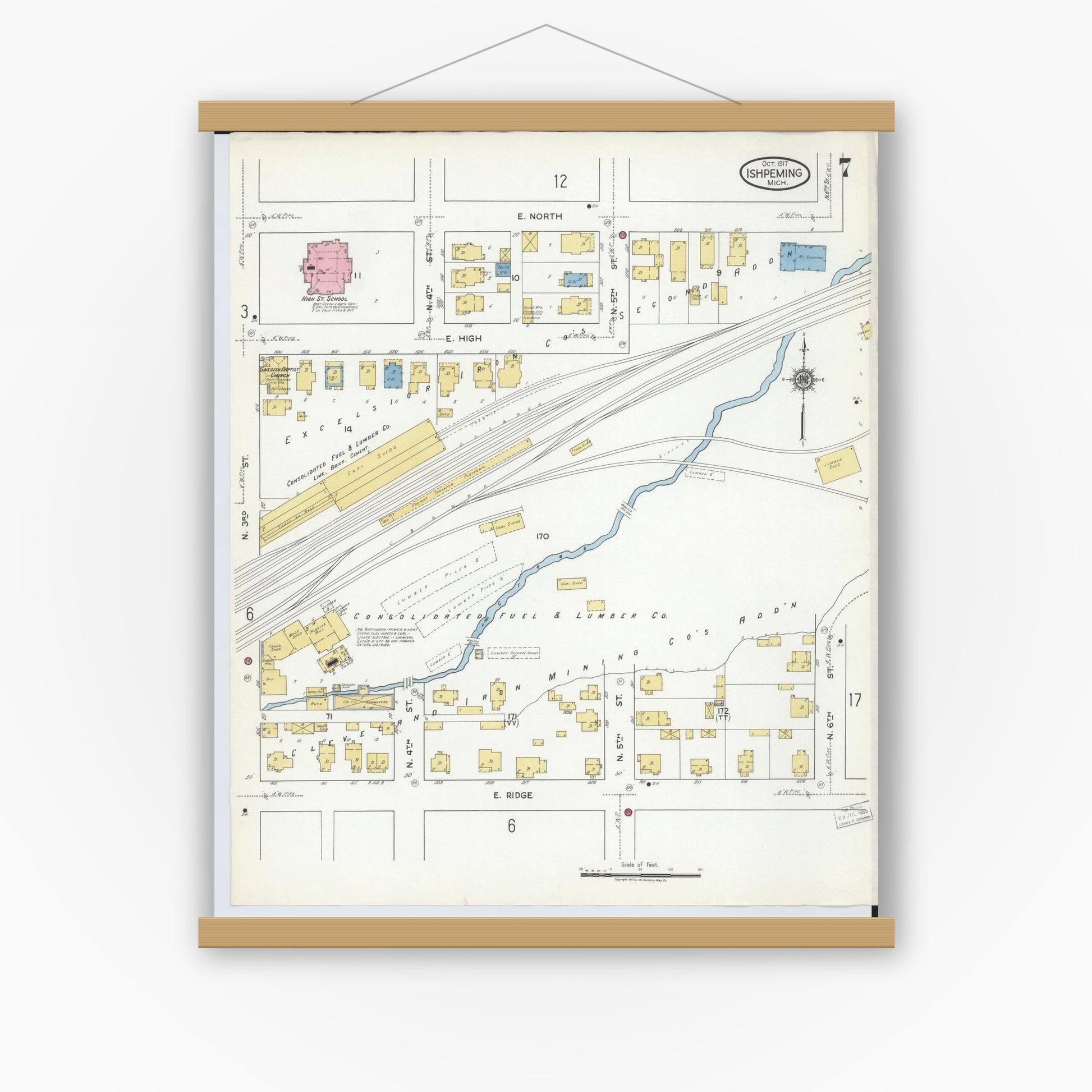 Old map wall art mockup — magnetic wood frame on white wall — Sanborn Fire Insurance Map from Ishpeming, Marquette County, Michigan (1917), Sheet #0007