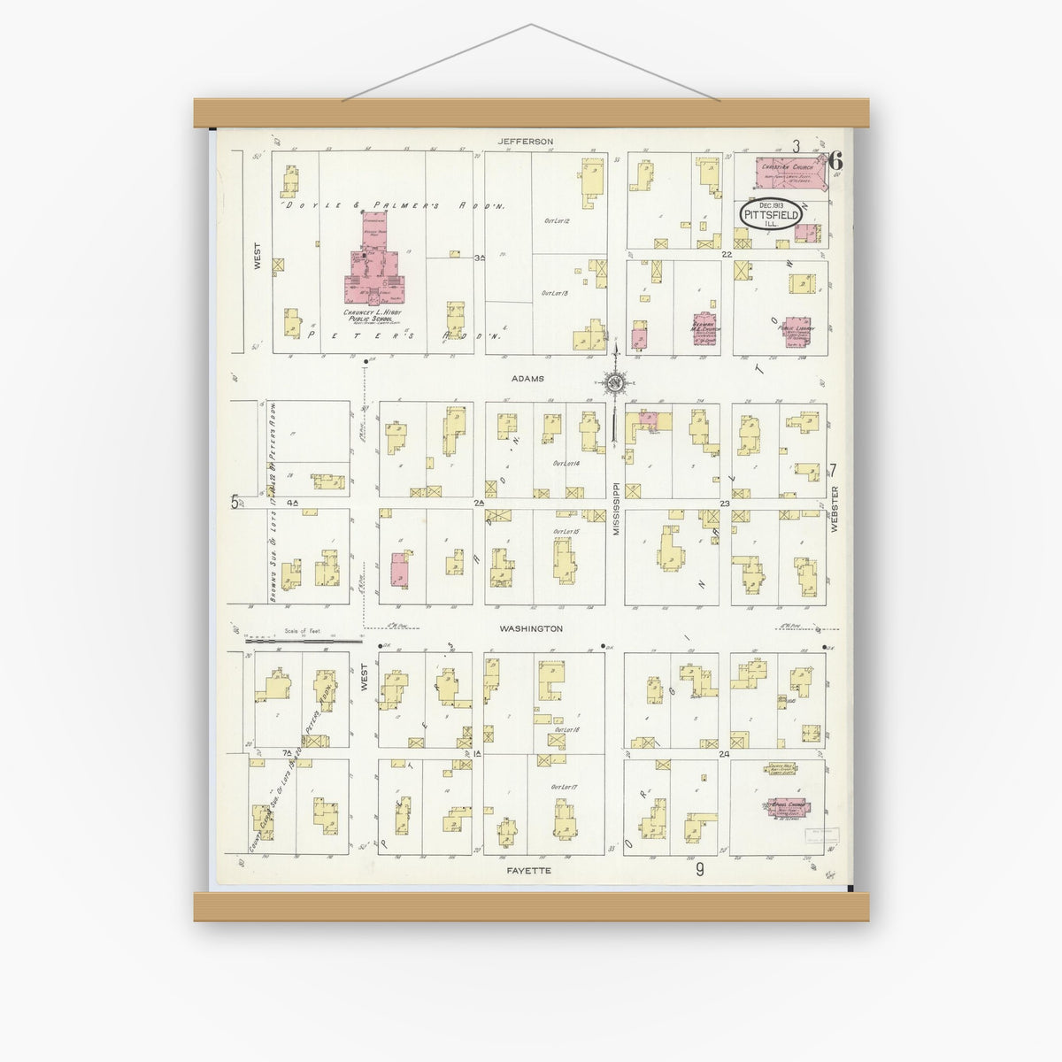 Old map wall art mockup — magnetic wood frame on white wall — Sanborn Fire Insurance Map from Pittsfield, Pike County, Illinois (1913), Sheet #0006