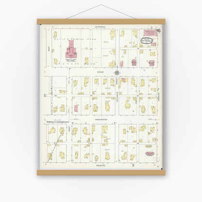 Old map wall art mockup — magnetic wood frame on white wall — Sanborn Fire Insurance Map from Pittsfield, Pike County, Illinois (1913), Sheet #0006