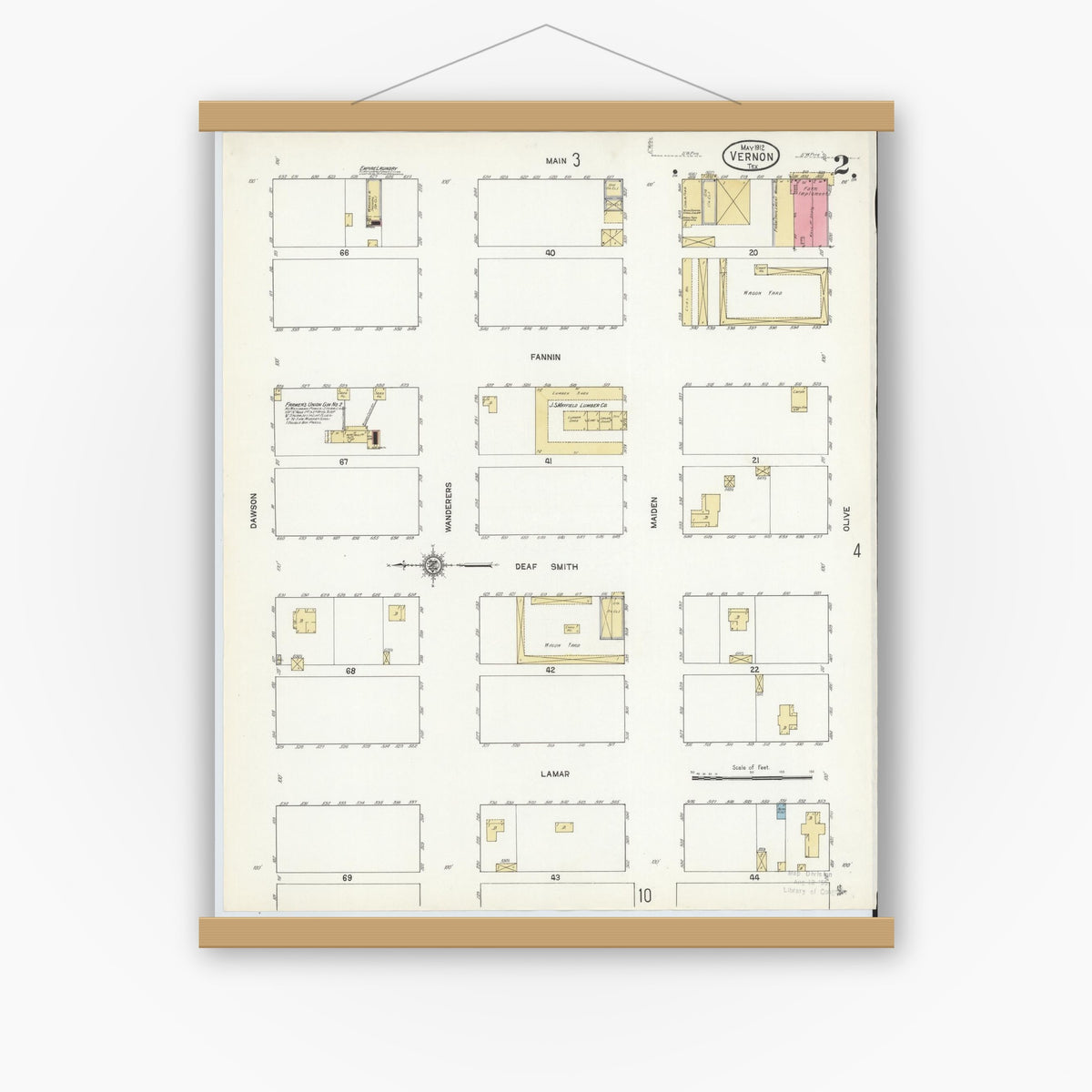 Old map wall art mockup — magnetic wood frame on white wall — Sanborn Fire Insurance Map from Vernon, Wilbarger County, Texas (1912), Sheet #0002