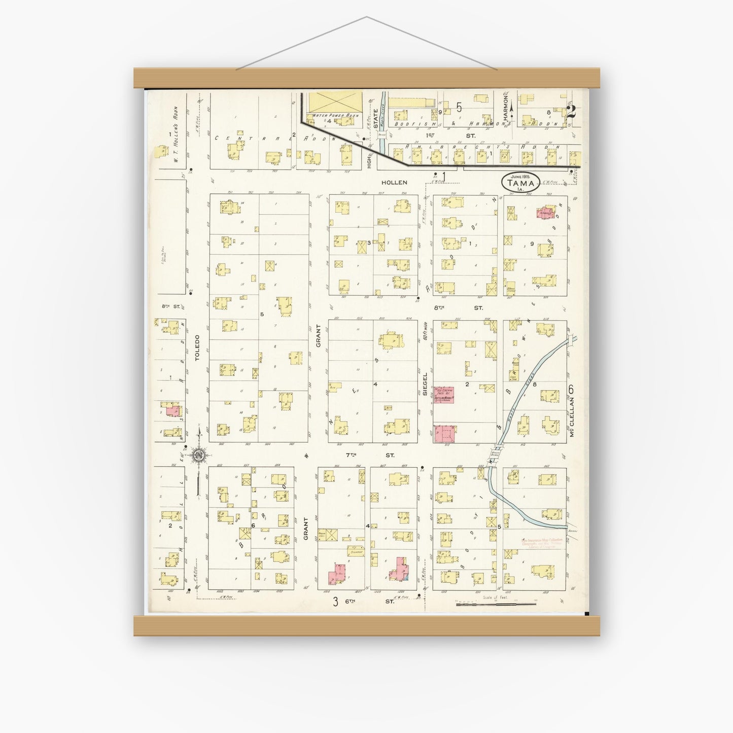 Old map wall art mockup — magnetic wood frame on white wall — Sanborn Fire Insurance Map from Tama, Tama County, Iowa (1915), Sheet #0002