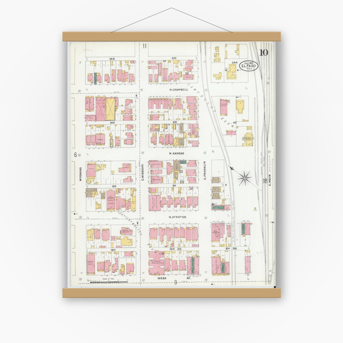 Old map wall art mockup — magnetic wood frame on white wall — Sanborn Fire Insurance Map from El Paso, El Paso County, Texas (1905), Sheet #0010