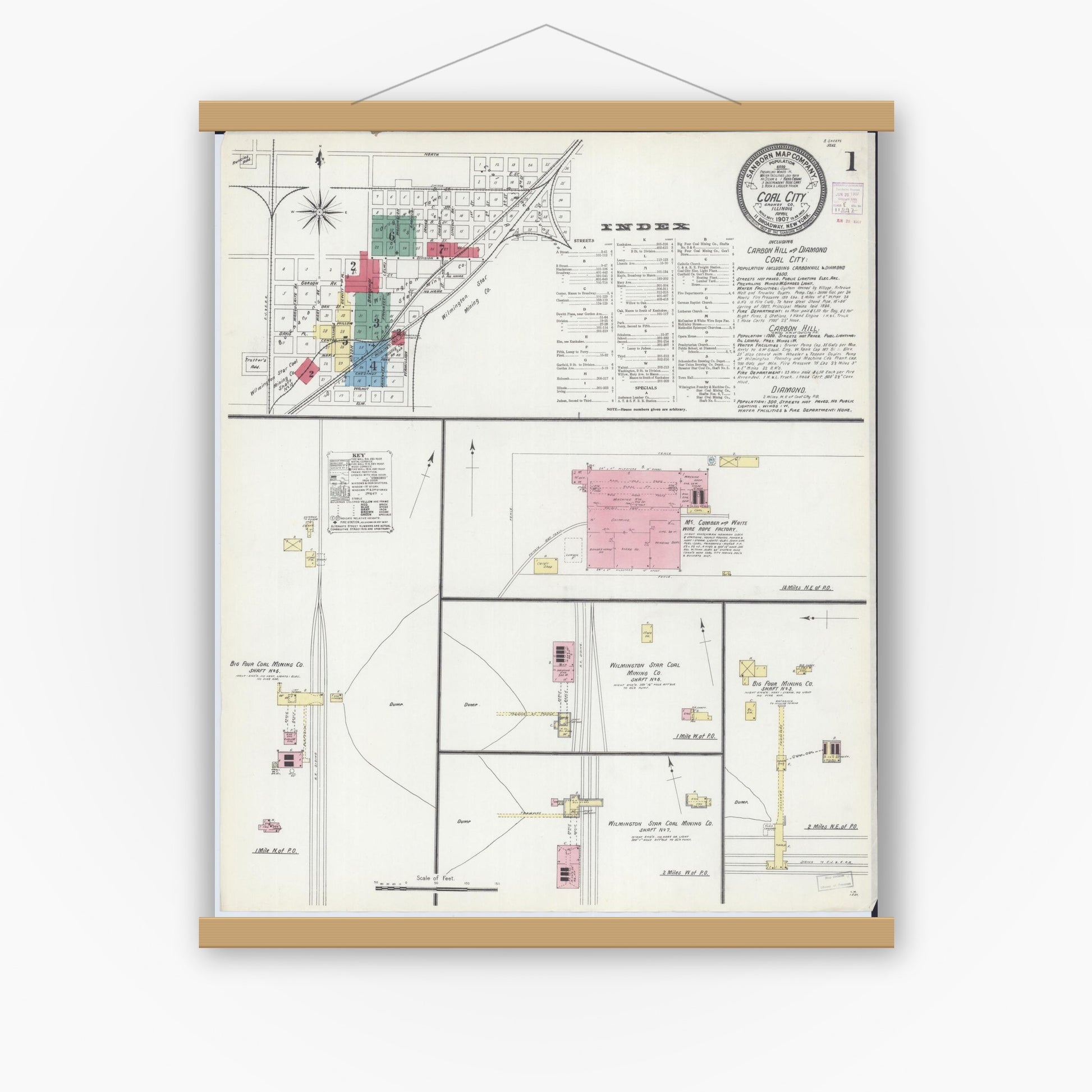 Old map wall art mockup — magnetic wood frame on white wall — Sanborn Fire Insurance Map from Coal City, Grundy County, Illinois (1907), Sheet #0001