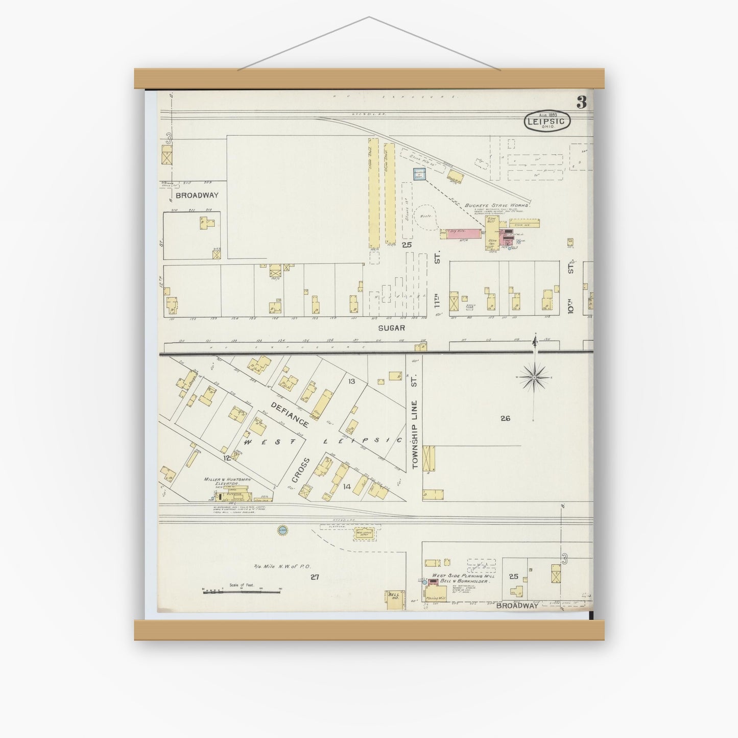 Old map wall art mockup — magnetic wood frame on white wall — Sanborn Fire Insurance Map from Leipsic, Putnam County, Ohio (1893), Sheet #0003