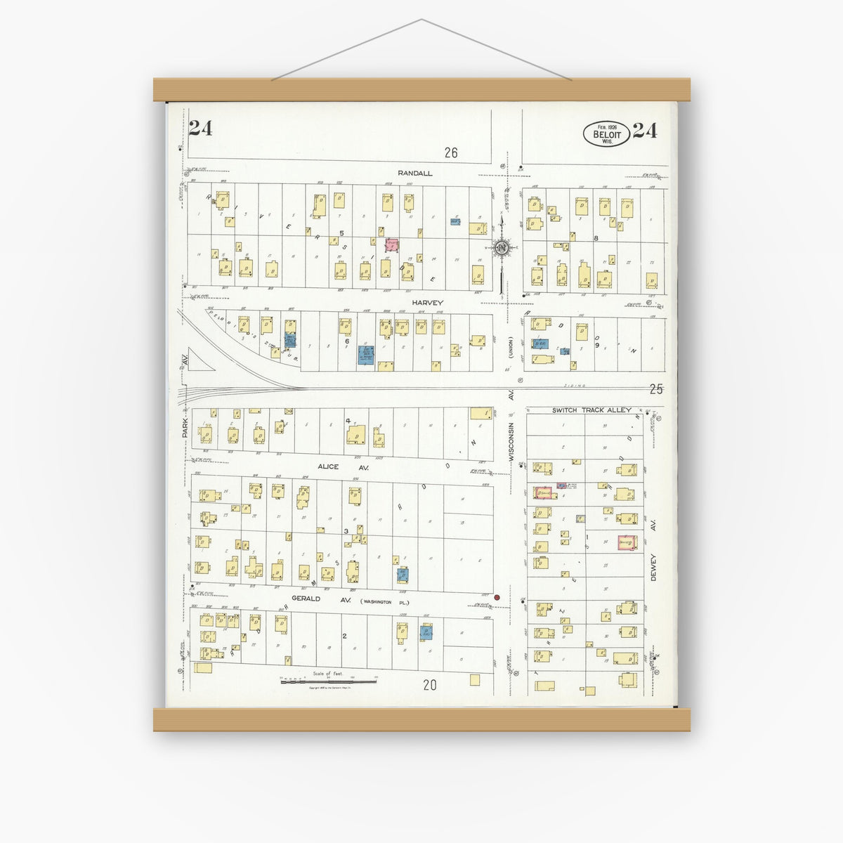 Old map wall art mockup — magnetic wood frame on white wall — Sanborn Fire Insurance Map from Beloit, Rock County, Wisconsin (1926), Sheet #0024