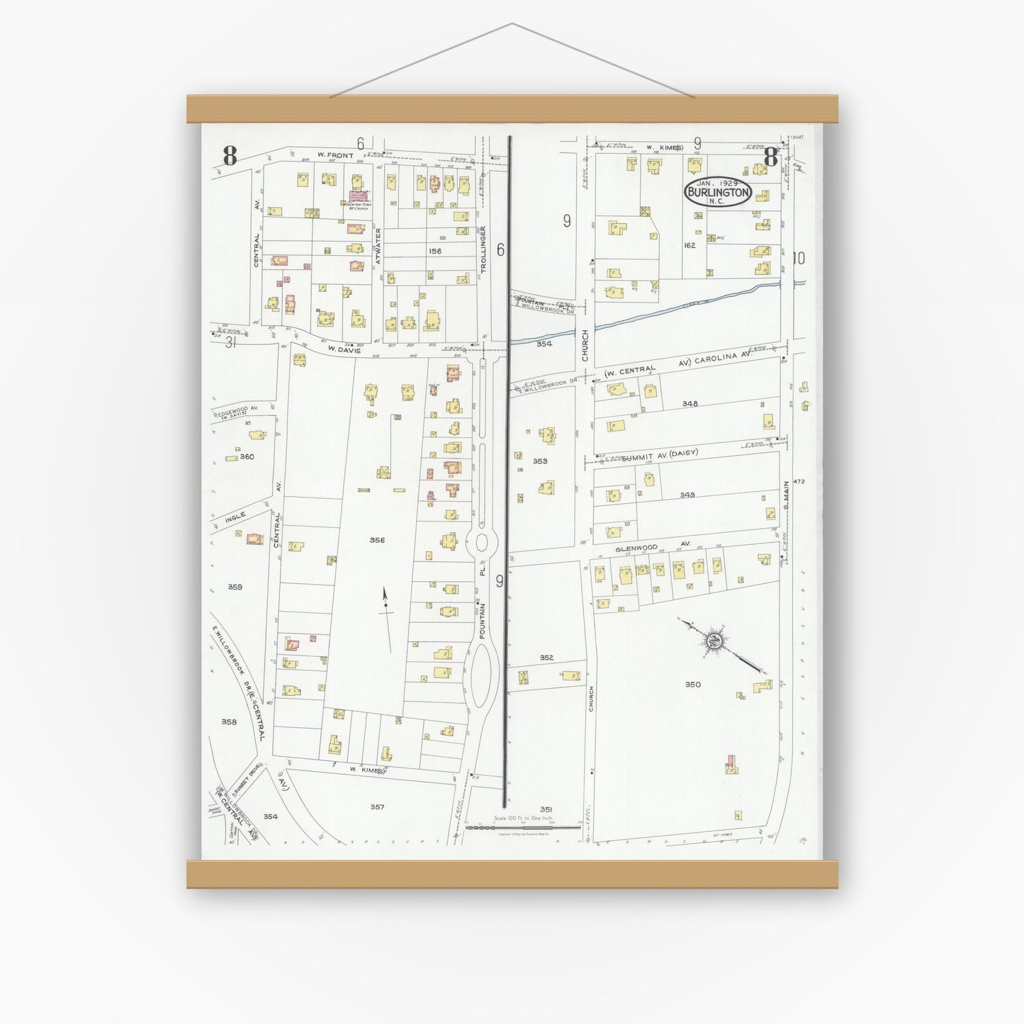 Old map wall art mockup — magnetic wood frame on white wall — Sanborn Fire Insurance Map from Burlington, Alamance County, North Carolina (1929), Sheet #0008