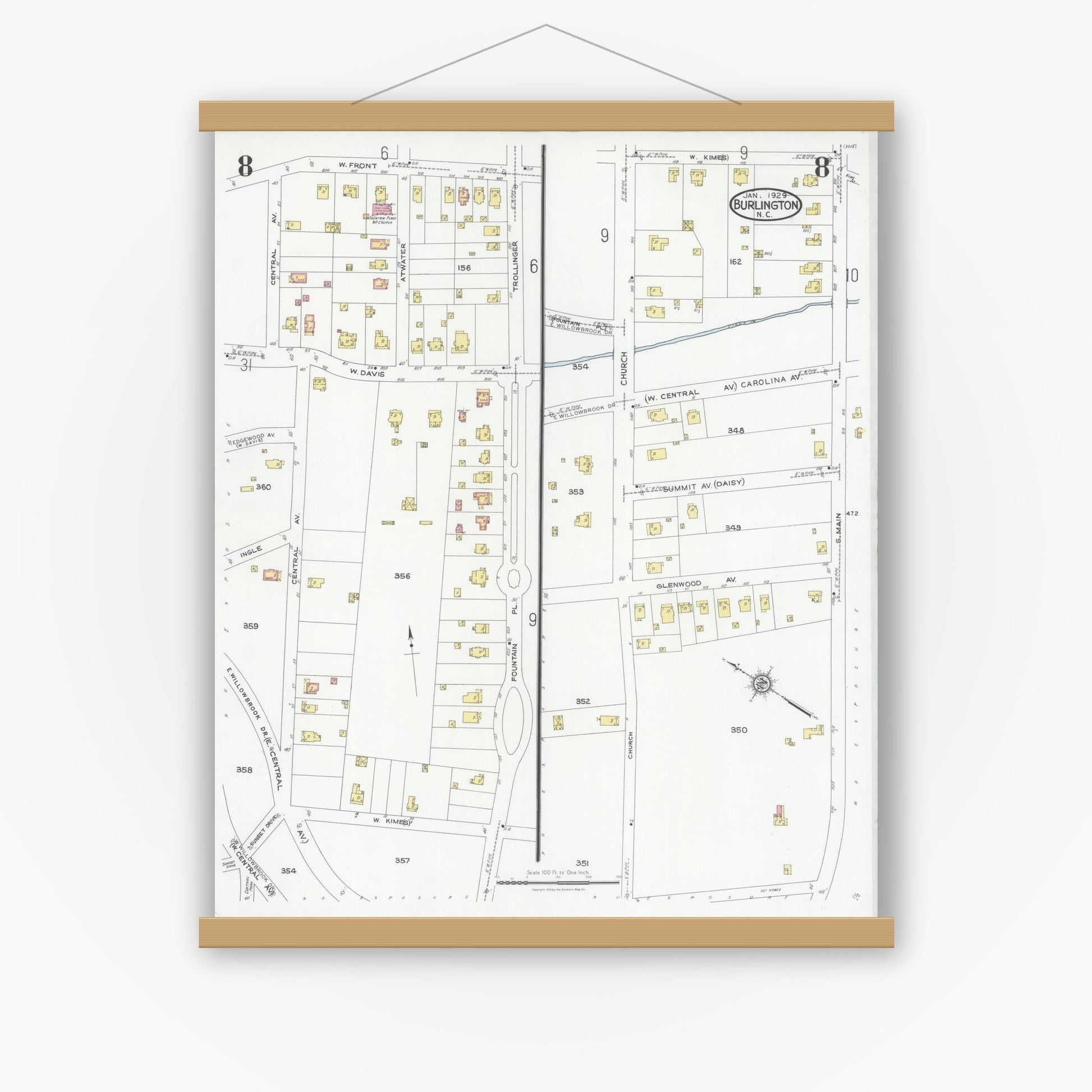 Old map wall art mockup — magnetic wood frame on white wall — Sanborn Fire Insurance Map from Burlington, Alamance County, North Carolina (1929), Sheet #0008