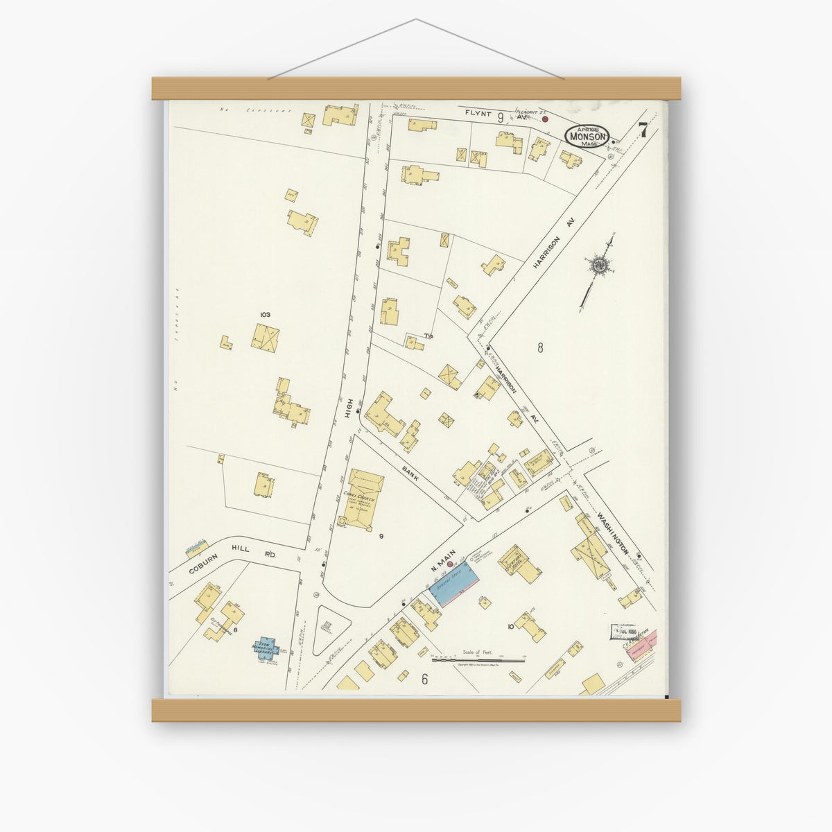 Old map wall art mockup — magnetic wood frame on white wall — Sanborn Fire Insurance Map from Monson, Hampden County, Massachusetts (1918), Sheet #0007