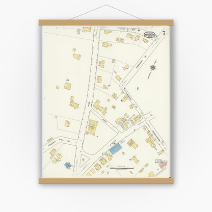 Old map wall art mockup — magnetic wood frame on white wall — Sanborn Fire Insurance Map from Monson, Hampden County, Massachusetts (1918), Sheet #0007
