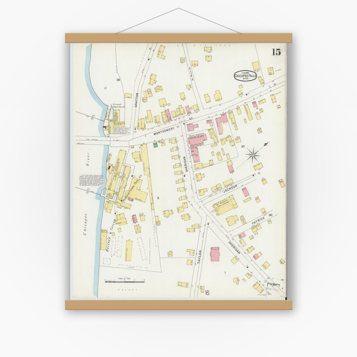 Old map wall art mockup — magnetic wood frame on white wall — Sanborn Fire Insurance Map from Chicopee, Hampden County, Massachusetts (1896), Sheet #0015