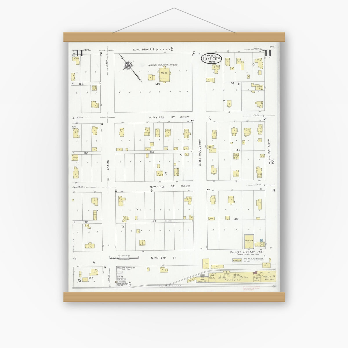 Old map wall art mockup — magnetic wood frame on white wall — Sanborn Fire Insurance Map from Lake City, Wabasha County, Minnesota (1930), Sheet #0011