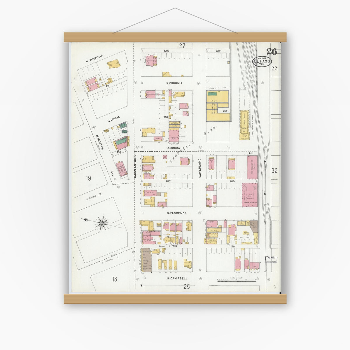 Old map wall art mockup — magnetic wood frame on white wall — Sanborn Fire Insurance Map from El Paso, El Paso County, Texas (1905), Sheet #0026