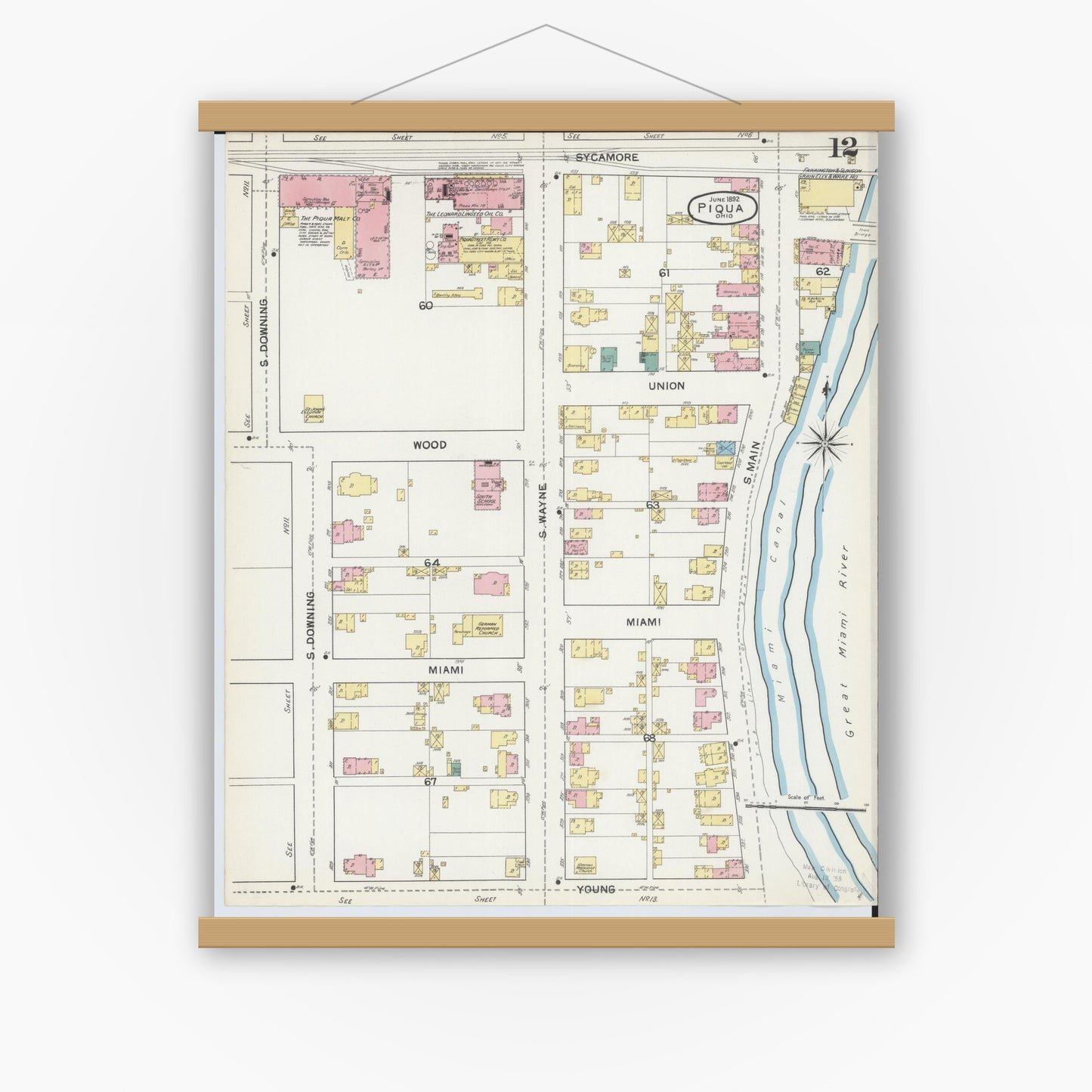 Old map wall art mockup — magnetic wood frame on white wall — Sanborn Fire Insurance Map from Piqua, Miami County, Ohio (1892), Sheet #0012