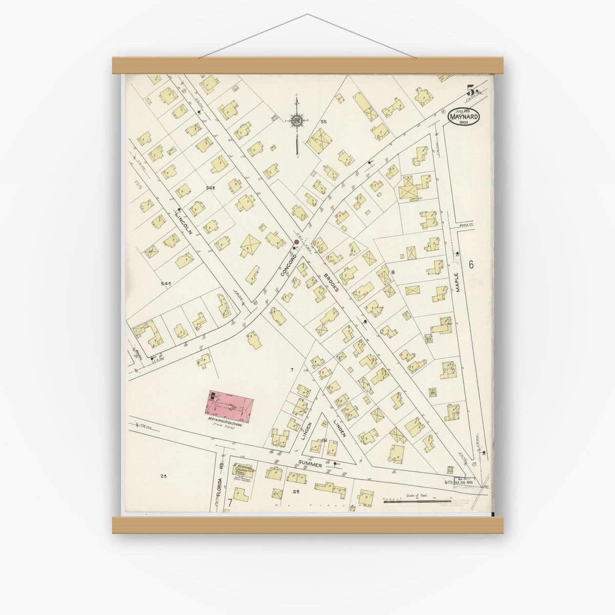 Old map wall art mockup — magnetic wood frame on white wall — Sanborn Fire Insurance Map from Maynard, Middlesex County, Massachusetts (1915), Sheet #0005