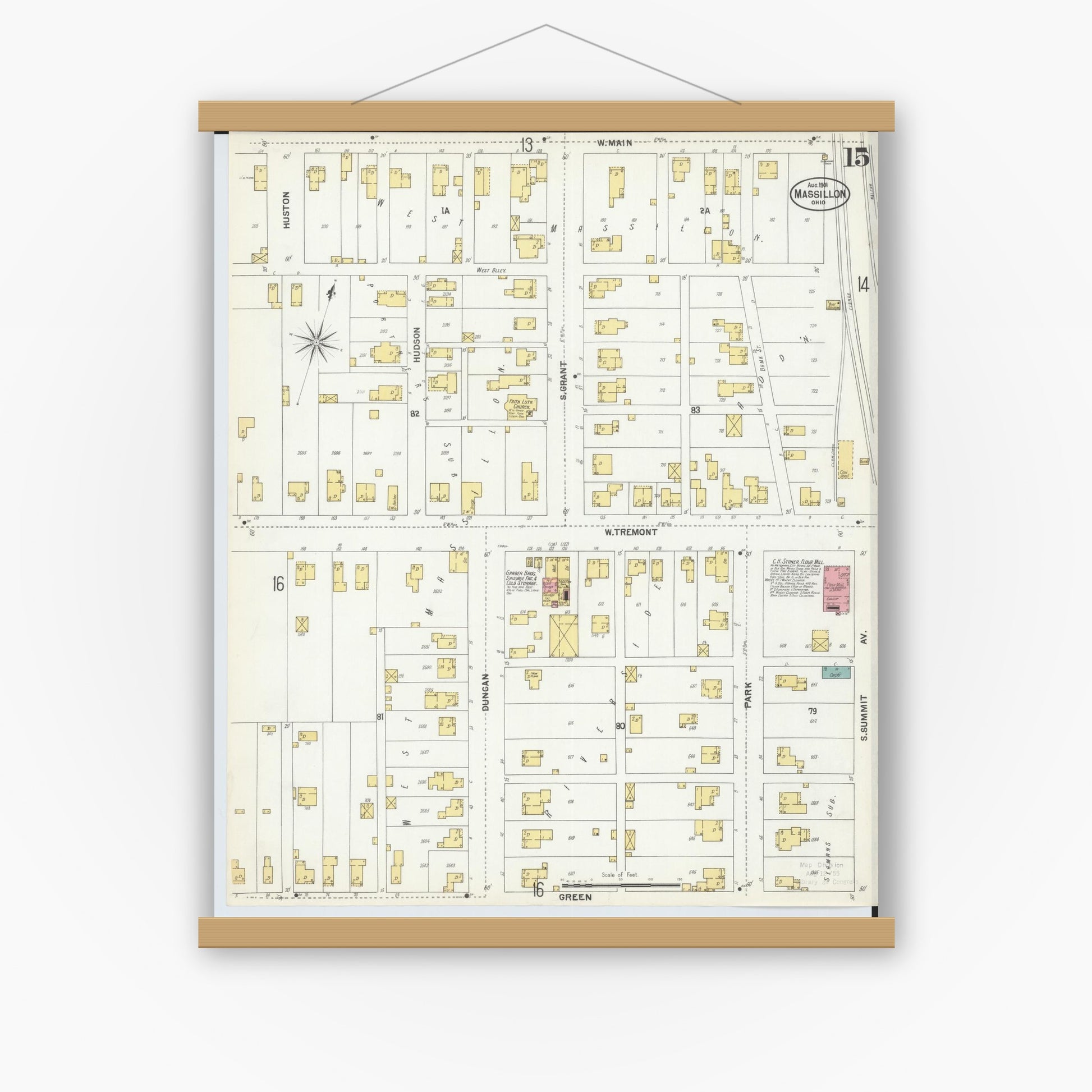 Old map wall art mockup — magnetic wood frame on white wall — Sanborn Fire Insurance Map from Massillon, Stark County, Ohio (1901), Sheet #0015