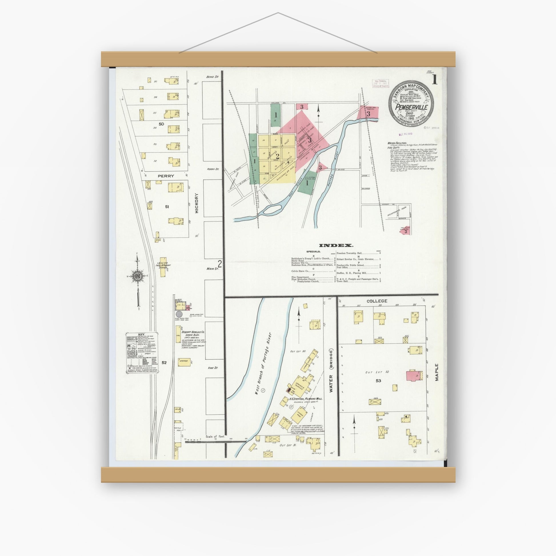 Old map wall art mockup — magnetic wood frame on white wall — Sanborn Fire Insurance Map from Pemberville, Wood County, Ohio (1910), Sheet #0001