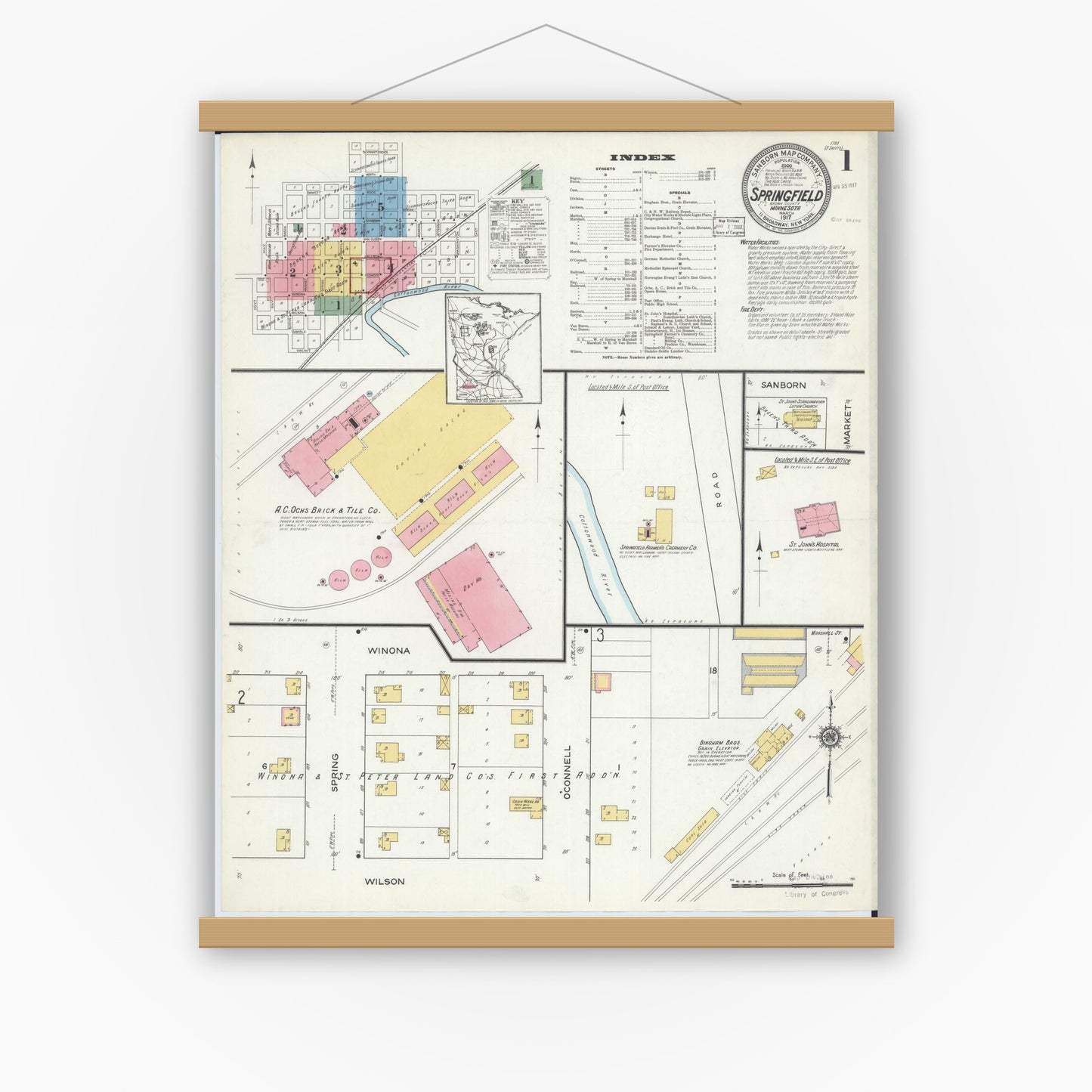 Old map wall art mockup — magnetic wood frame on white wall — Sanborn Fire Insurance Map from Springfield, Brown County, Minnesota (1917) - Complete Map Set