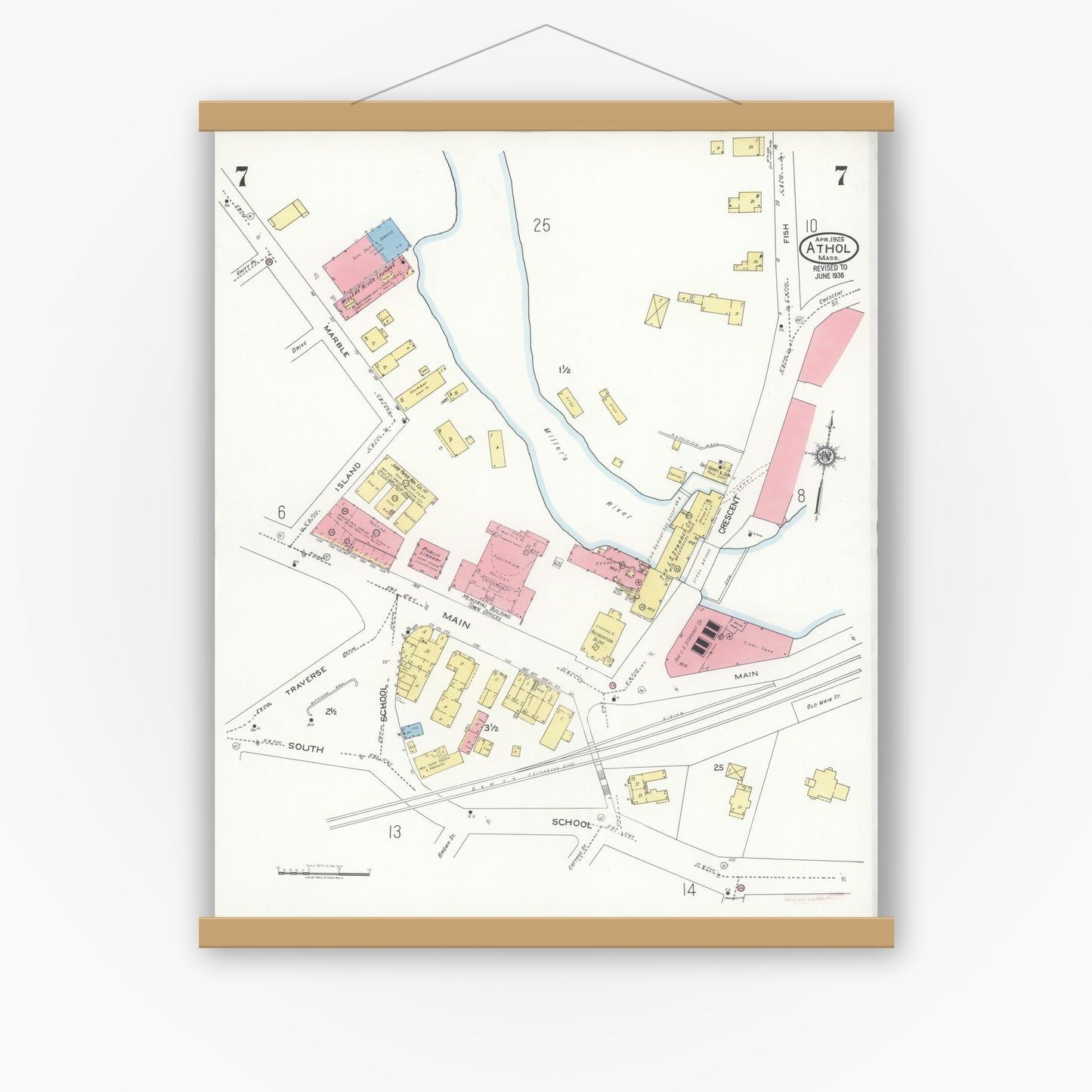 Old map wall art mockup — magnetic wood frame on white wall — Sanborn Fire Insurance Map from Athol, Worcester County, Massachusetts (1936), Sheet #0007