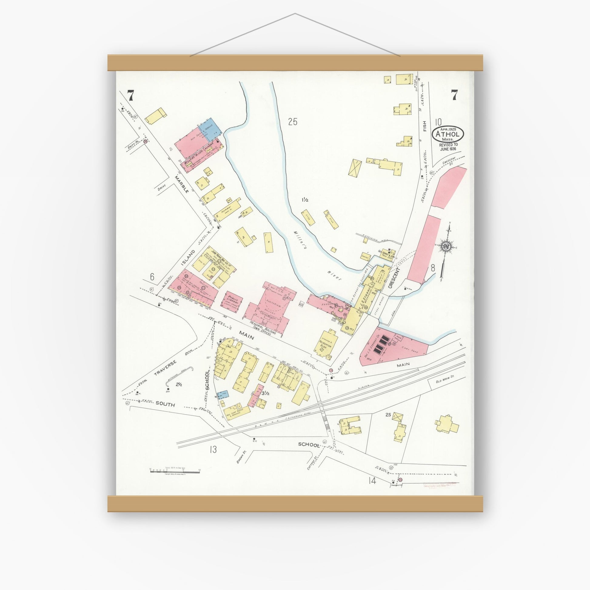 Old map wall art mockup — magnetic wood frame on white wall — Sanborn Fire Insurance Map from Athol, Worcester County, Massachusetts (1936), Sheet #0007