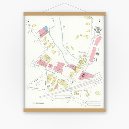 Old map wall art mockup — magnetic wood frame on white wall — Sanborn Fire Insurance Map from Athol, Worcester County, Massachusetts (1936), Sheet #0007