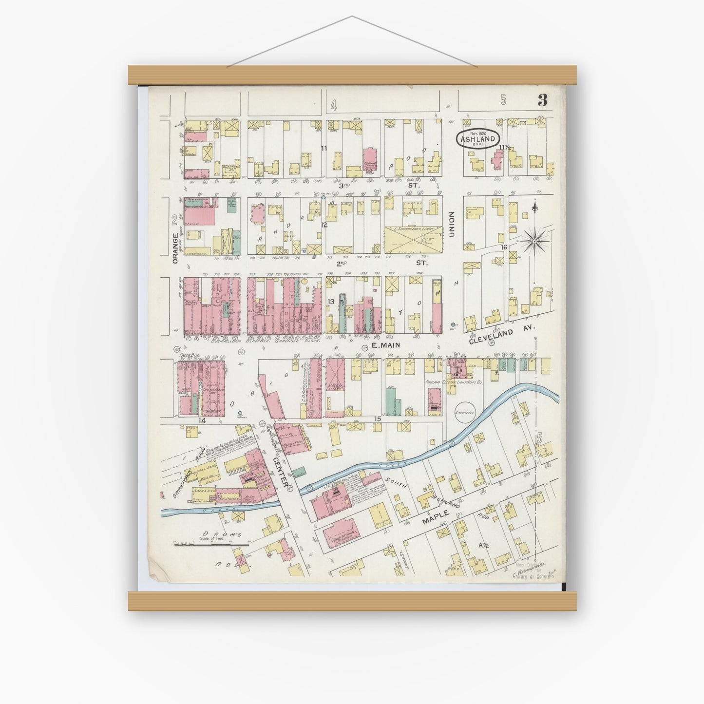 Old map wall art mockup — magnetic wood frame on white wall — Sanborn Fire Insurance Map from Ashland, Ashland County, Ohio (1893), Sheet #0003
