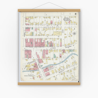 Old map wall art mockup — magnetic wood frame on white wall — Sanborn Fire Insurance Map from Ashland, Ashland County, Ohio (1893), Sheet #0003