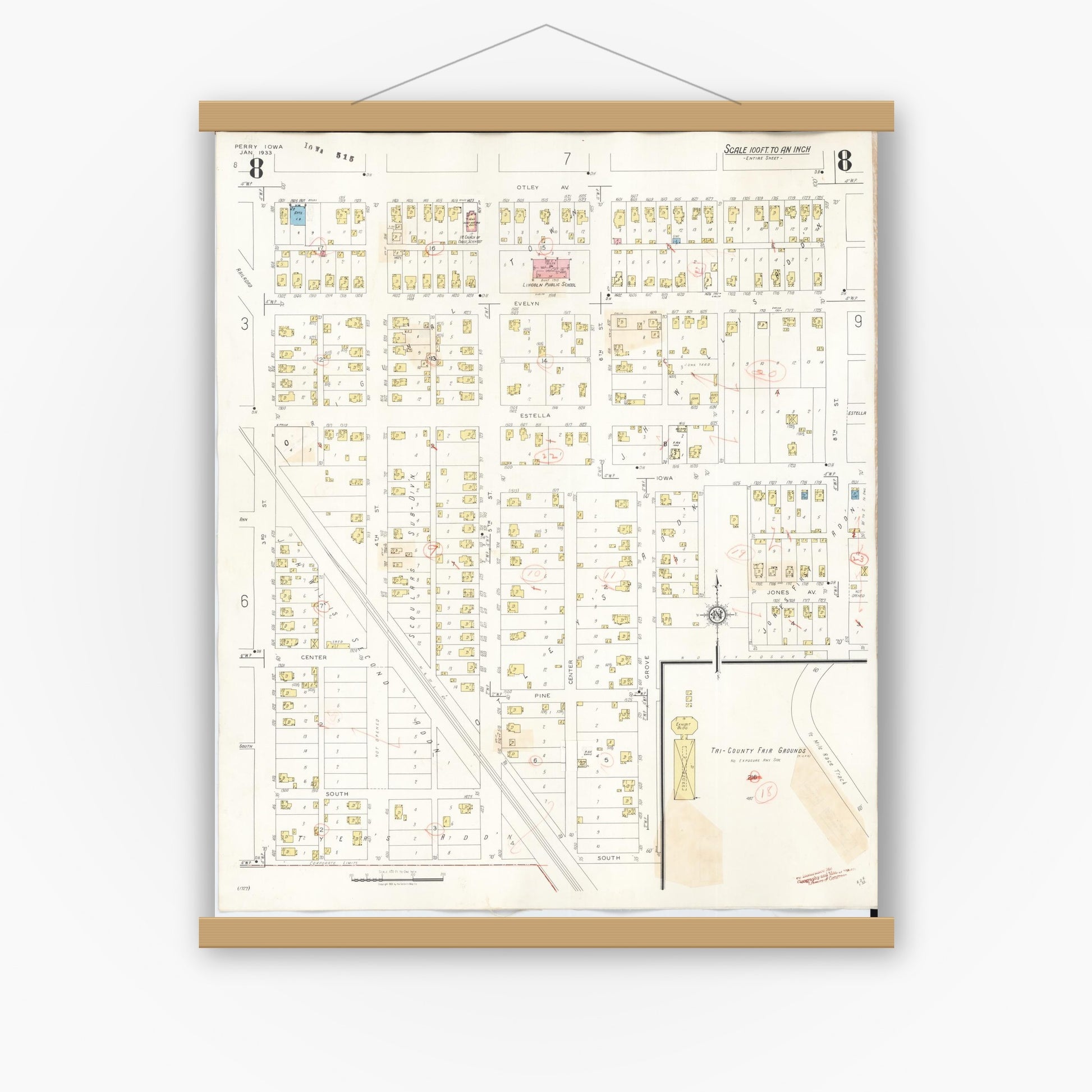 Old map wall art mockup — magnetic wood frame on white wall — Sanborn Fire Insurance Map from Perry, Dallas County, Iowa (1947), Sheet #0008