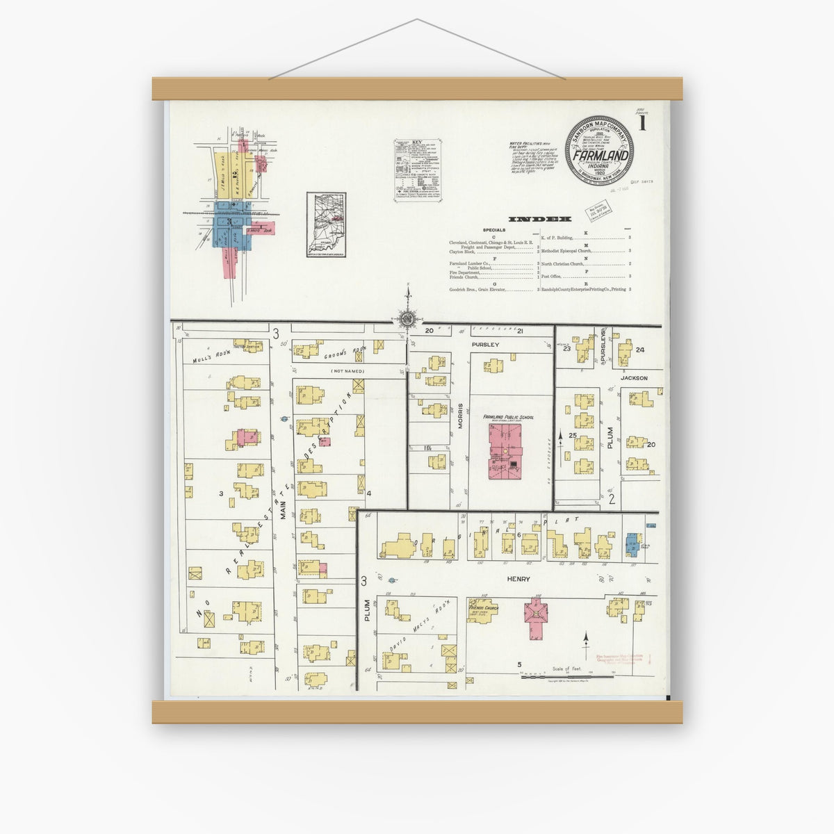 Old map wall art mockup — magnetic wood frame on white wall — Sanborn Fire Insurance Map from Farmland, Randolph County, Indiana (1920) - Complete Map Set