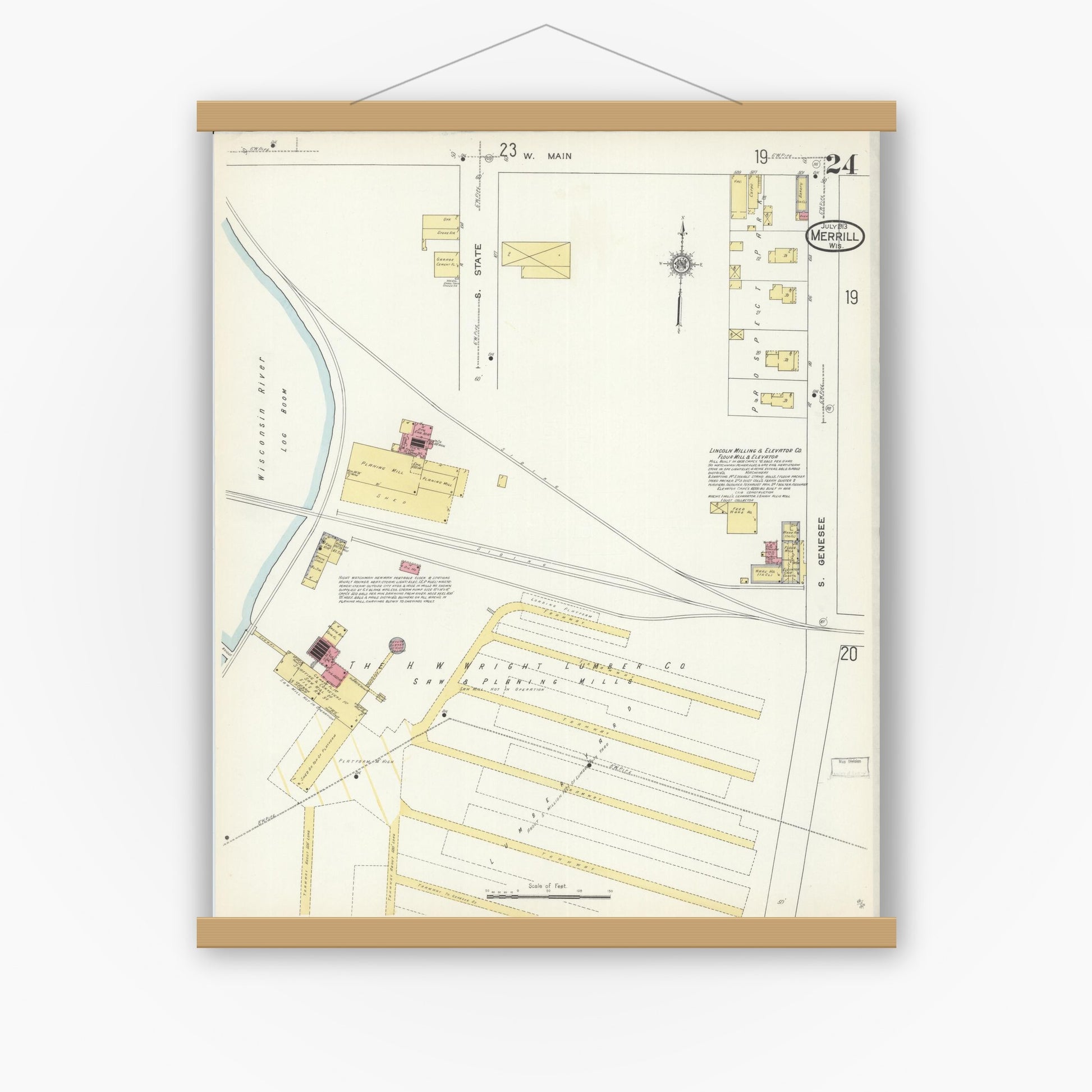 Old map wall art mockup — magnetic wood frame on white wall — Sanborn Fire Insurance Map from Merrill, Lincoln County, Wisconsin (1913), Sheet #0024
