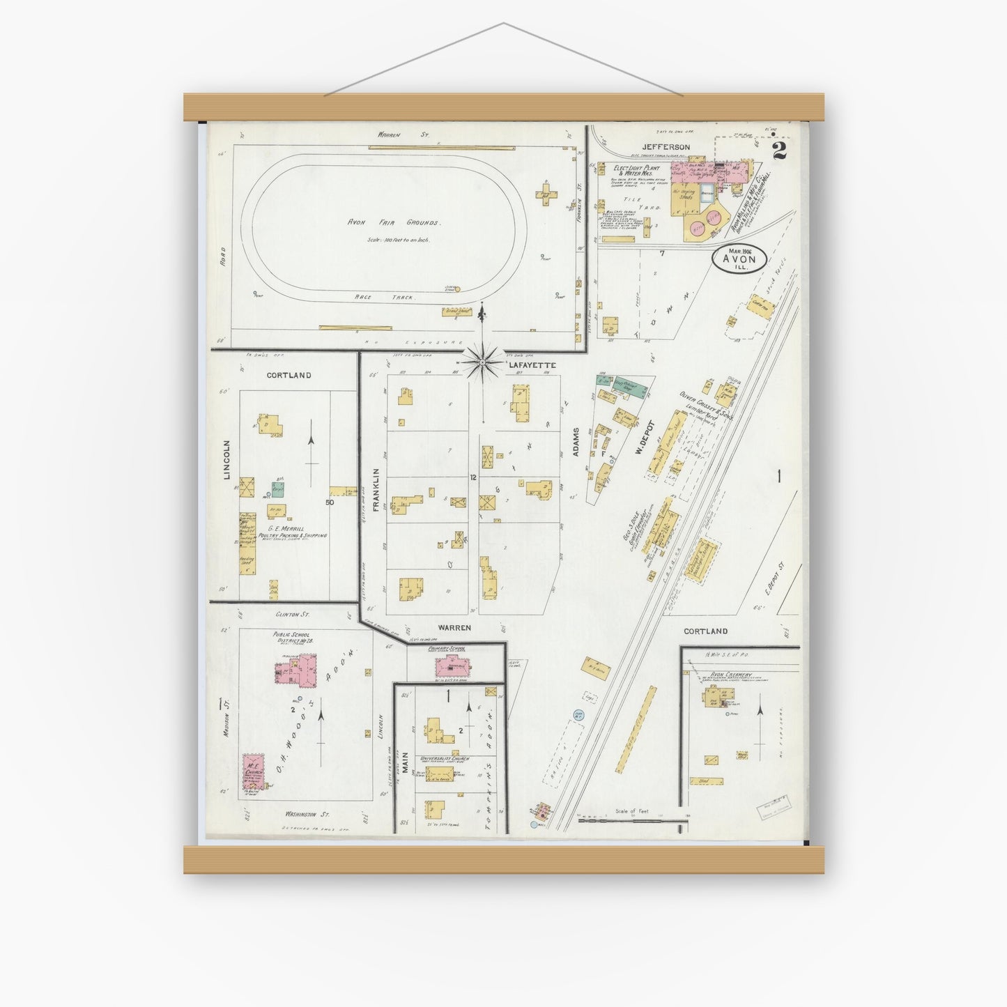 Old map wall art mockup — magnetic wood frame on white wall — Sanborn Fire Insurance Map from Avon, Fulton County, Illinois (1906), Sheet #0002
