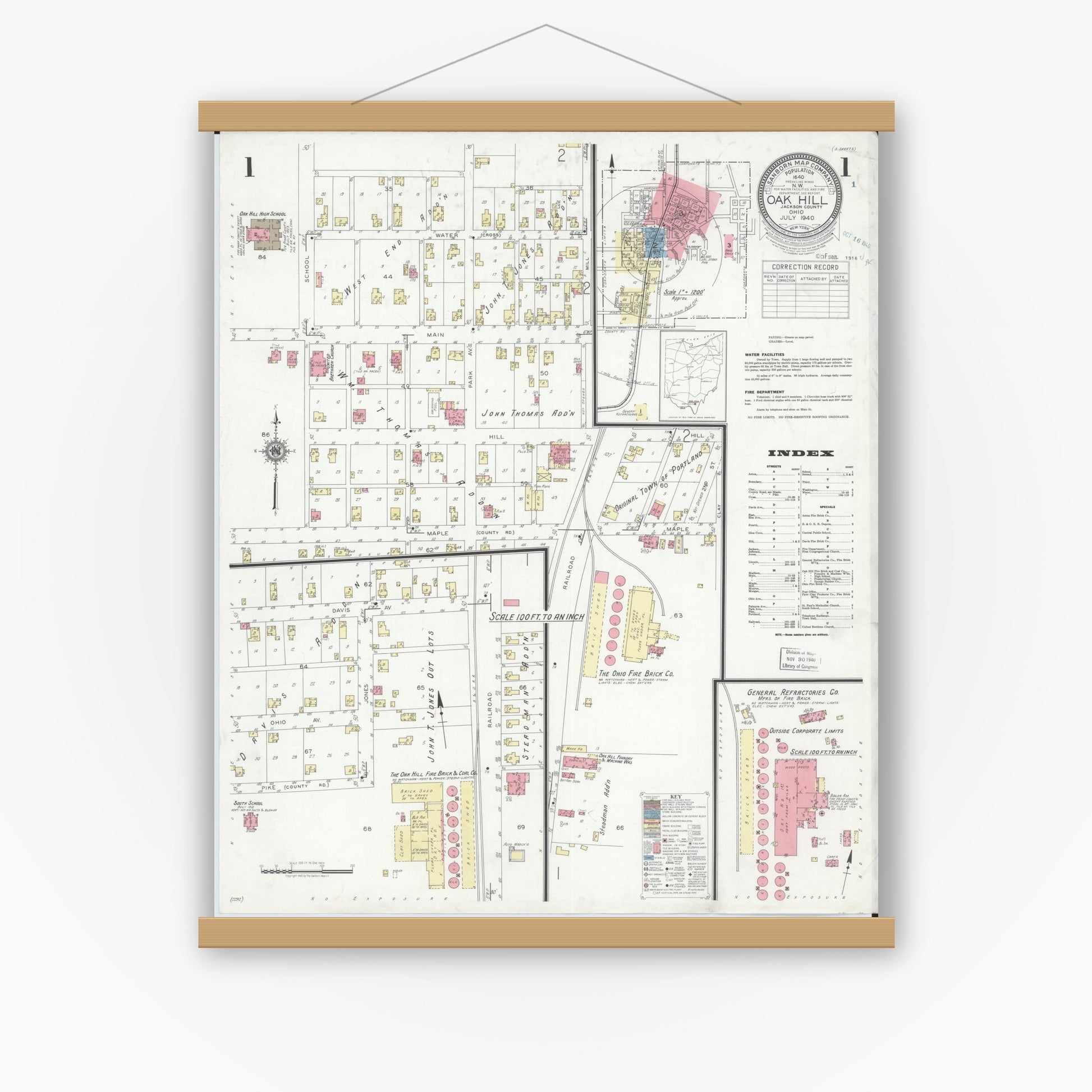 Old map wall art mockup — magnetic wood frame on white wall — Sanborn Fire Insurance Map from Oak Hill, Jackson County, Ohio (1940) - Complete Map Set