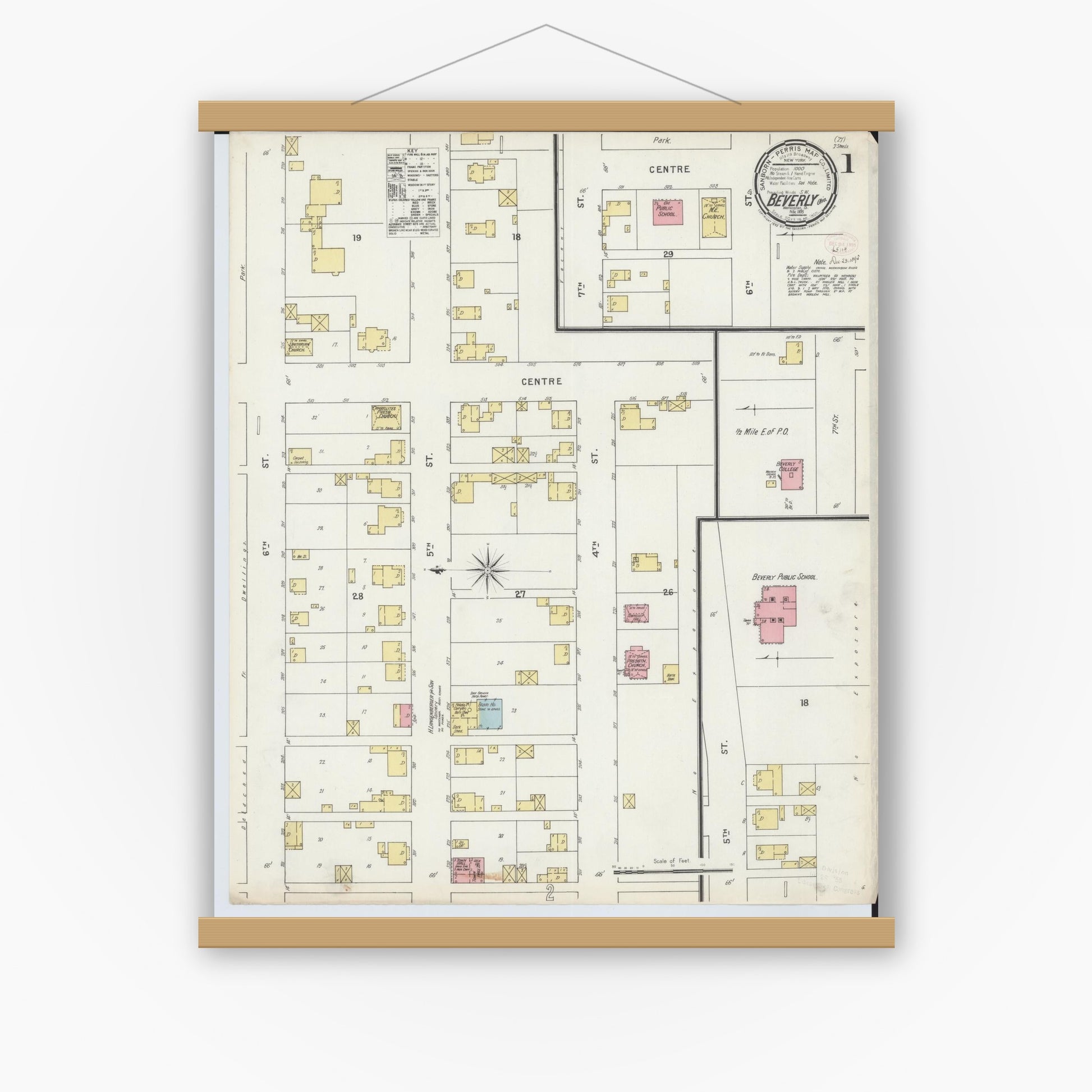 Old map wall art mockup — magnetic wood frame on white wall — Sanborn Fire Insurance Map from Beverly, Washington County, Ohio (1895) - Complete Map Set