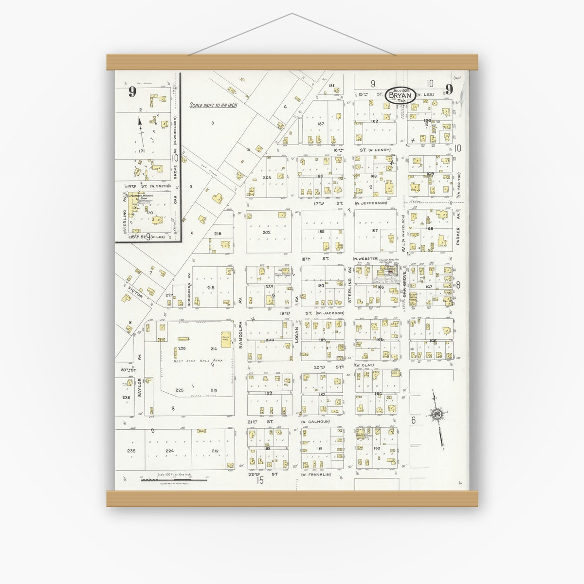 Old map wall art mockup — magnetic wood frame on white wall — Sanborn Fire Insurance Map from Bryan, Brazos County, Texas (1925), Sheet #0009