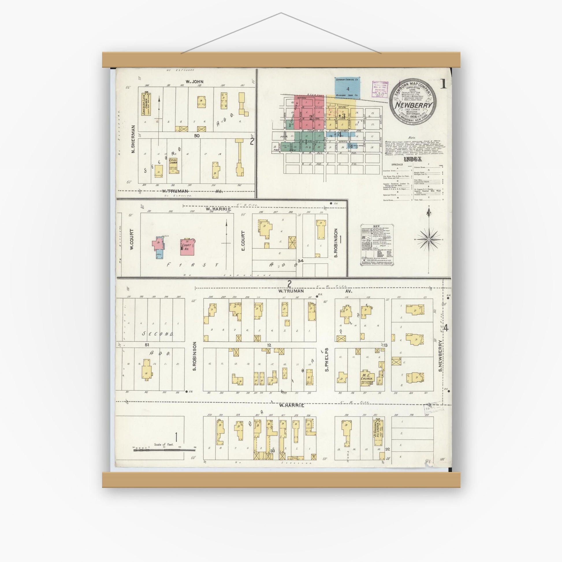 Old map wall art mockup — magnetic wood frame on white wall — Sanborn Fire Insurance Map from Newberry, Luce County, Michigan (1906) - Complete Map Set