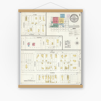 Old map wall art mockup — magnetic wood frame on white wall — Sanborn Fire Insurance Map from Newberry, Luce County, Michigan (1906) - Complete Map Set