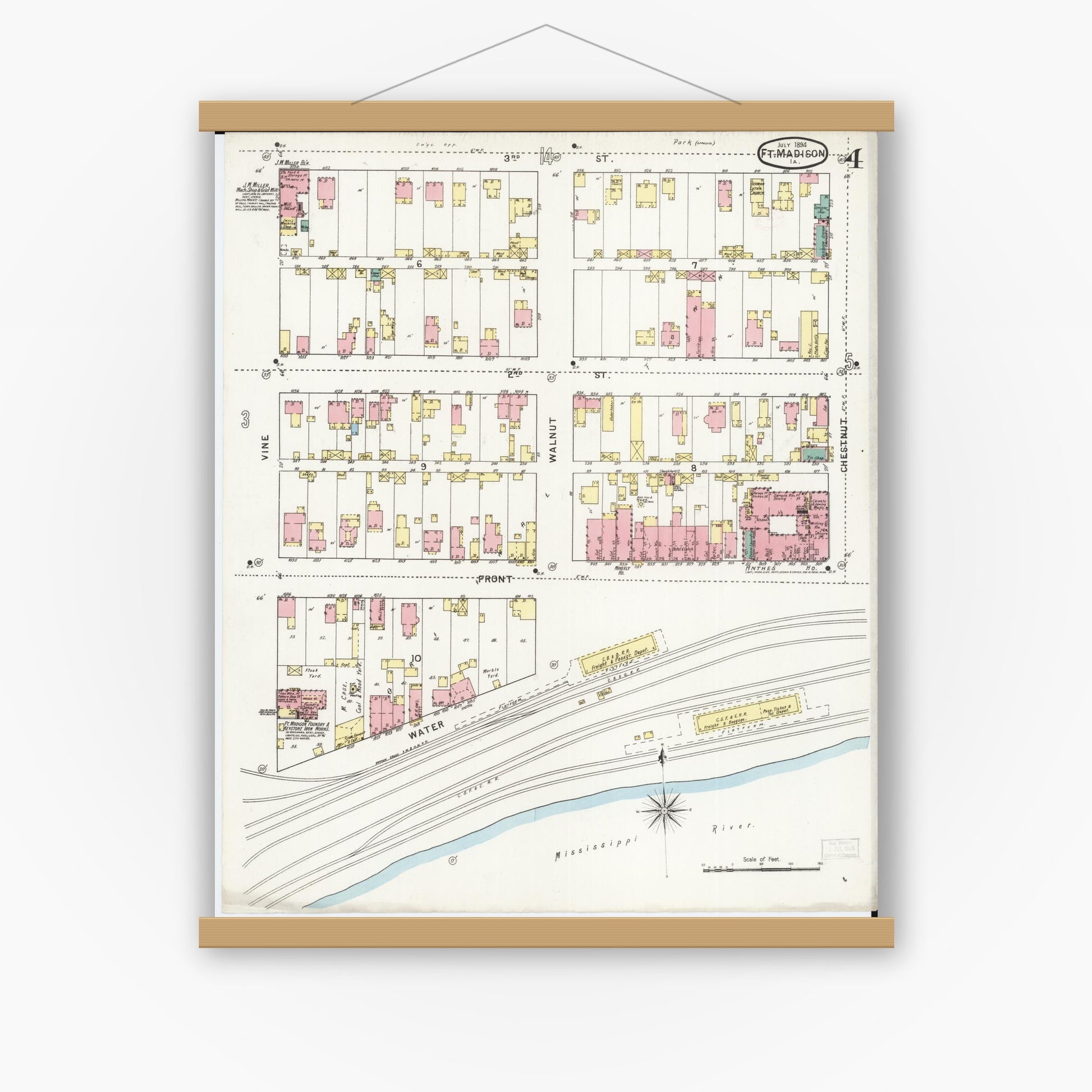 Old map wall art mockup — magnetic wood frame on white wall — Sanborn Fire Insurance Map from Fort Madison, Lee County, Iowa (1894), Sheet #0004