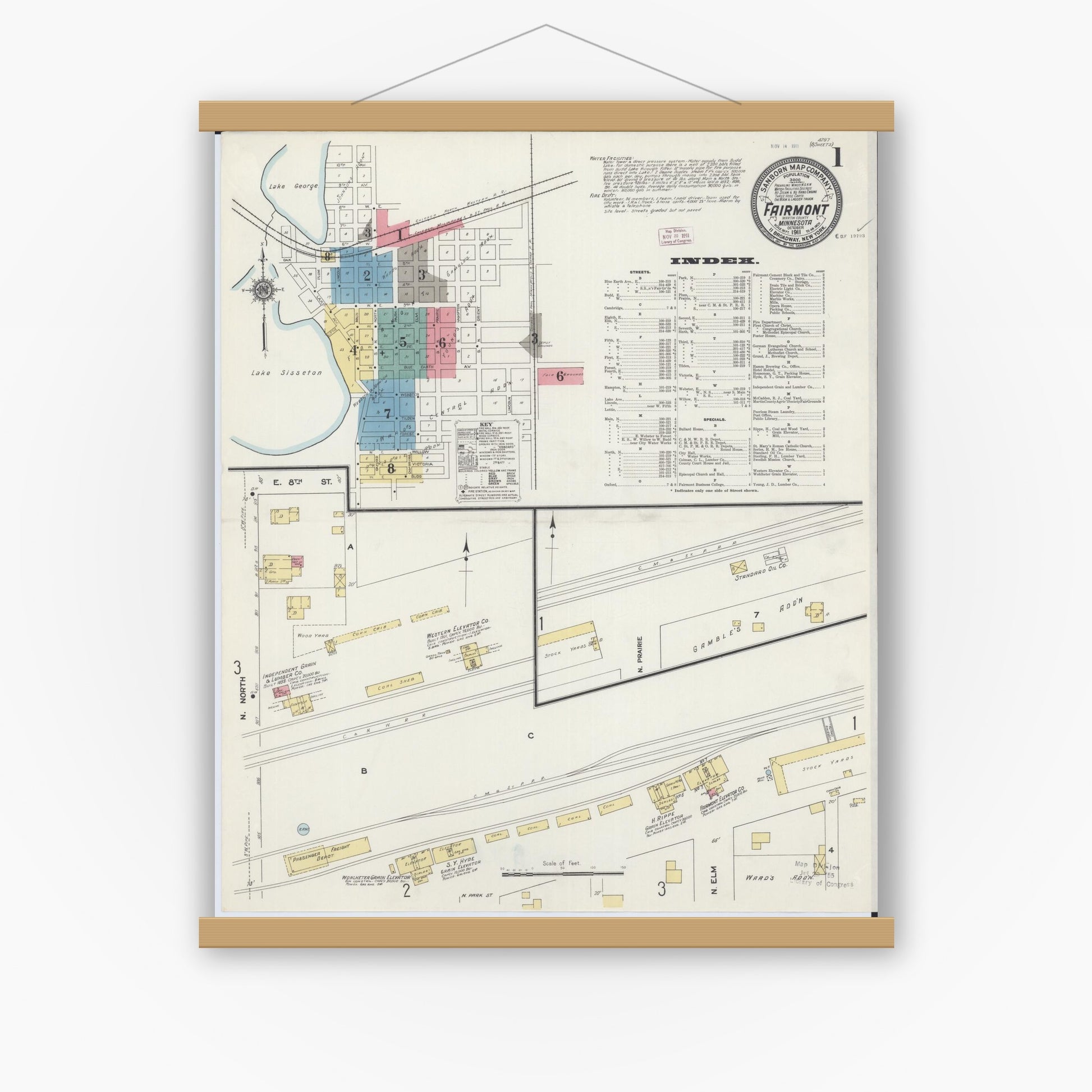 Old map wall art mockup — magnetic wood frame on white wall — Sanborn Fire Insurance Map from Fairmont, Martin County, Minnesota (1911) - Complete Map Set