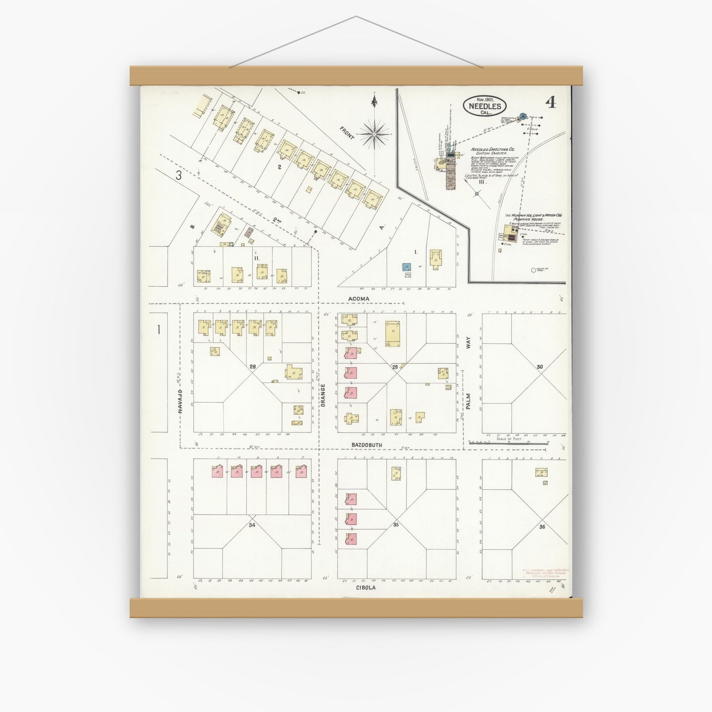 Old map wall art mockup — magnetic wood frame on white wall — Sanborn Fire Insurance Map from Needles, San Bernardino County, California (1901), Sheet #0004