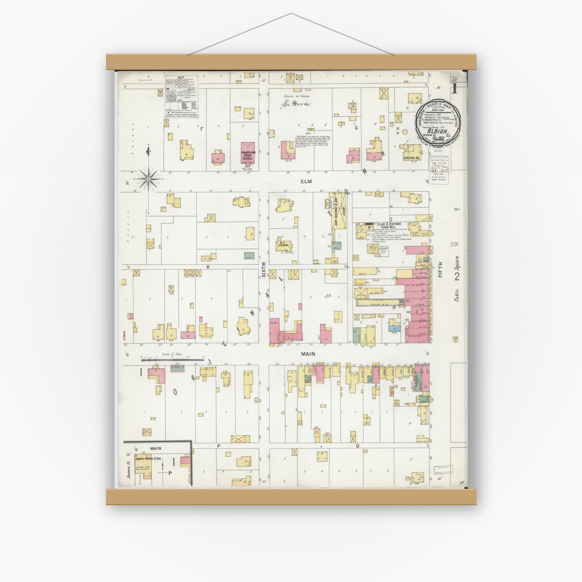 Old map wall art mockup — magnetic wood frame on white wall — Sanborn Fire Insurance Map from Albion, Edwards County, Illinois (1900), Sheet #0001