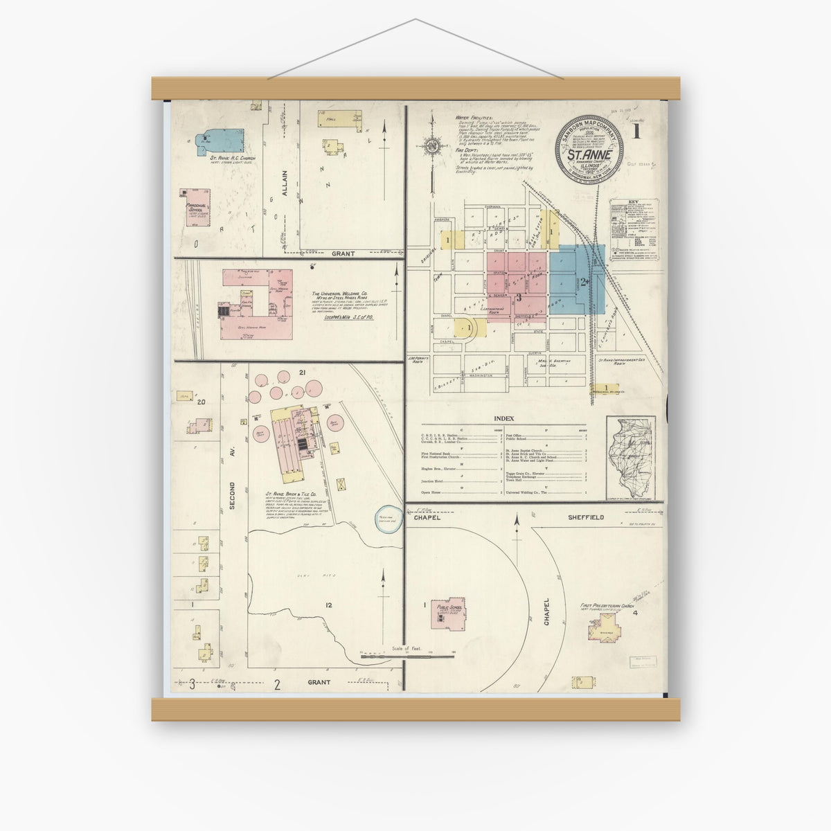 Old map wall art mockup — magnetic wood frame on white wall — Sanborn Fire Insurance Map from Saint Anne, Kankakee County, Illinois (1912) - Complete Map Set