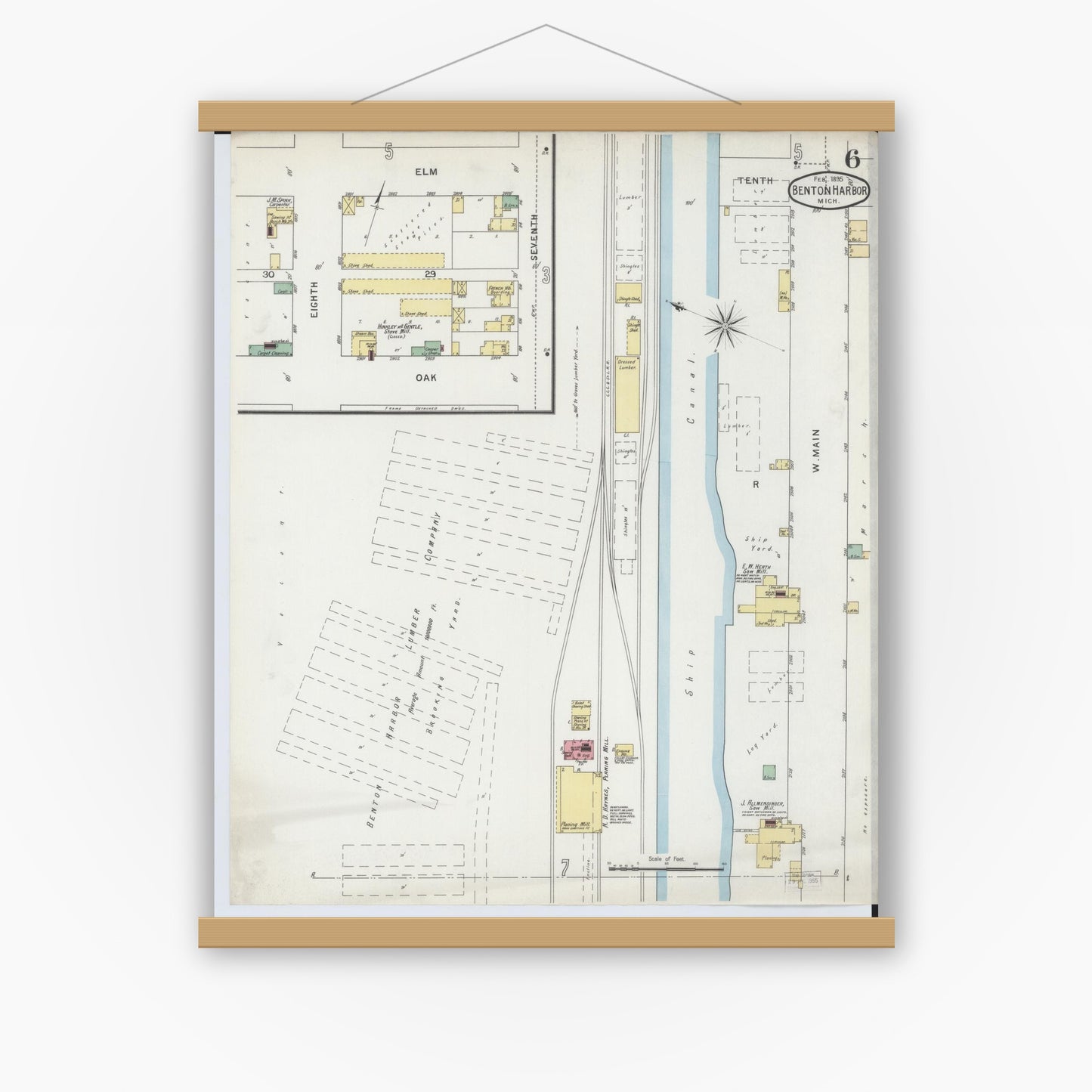 Old map wall art mockup — magnetic wood frame on white wall — Sanborn Fire Insurance Map from Benton Harbor, Berrien County, Michigan (1895), Sheet #0006