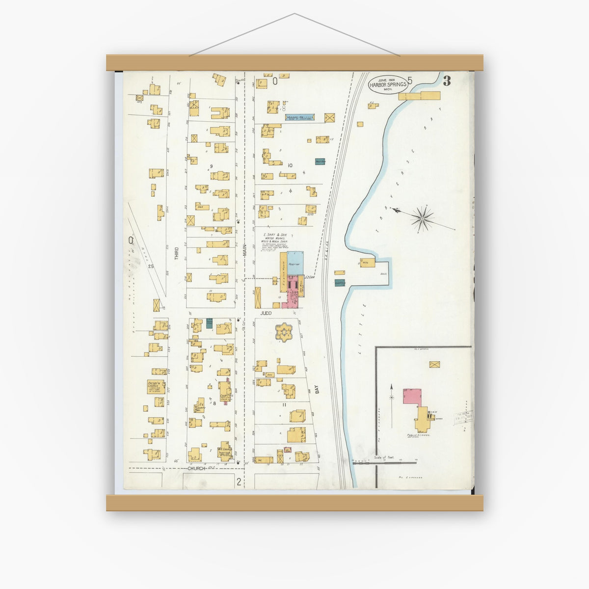 Old map wall art mockup — magnetic wood frame on white wall — Sanborn Fire Insurance Map from Harbor Springs, Emmet County, Michigan (1906), Sheet #0003