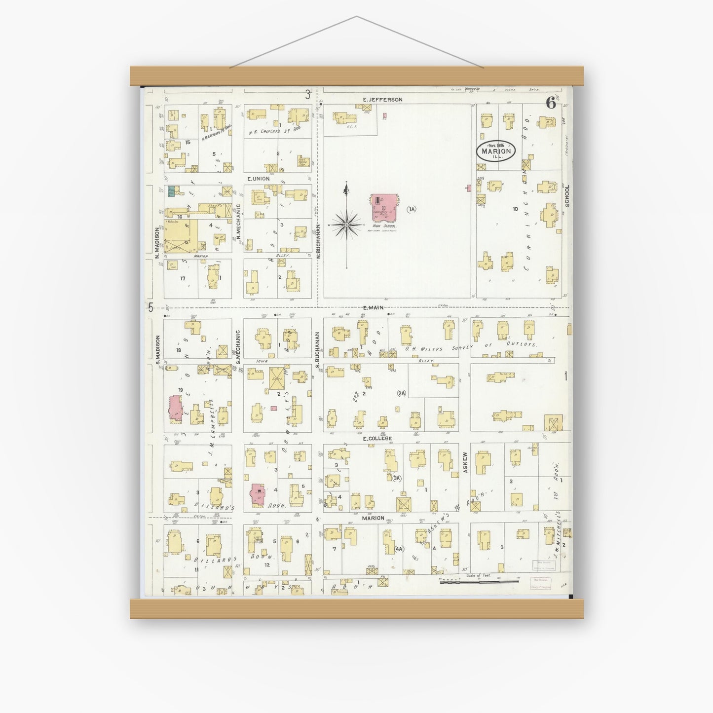 Old map wall art mockup — magnetic wood frame on white wall — Sanborn Fire Insurance Map from Marion, Williamson County, Illinois (1906), Sheet #0006