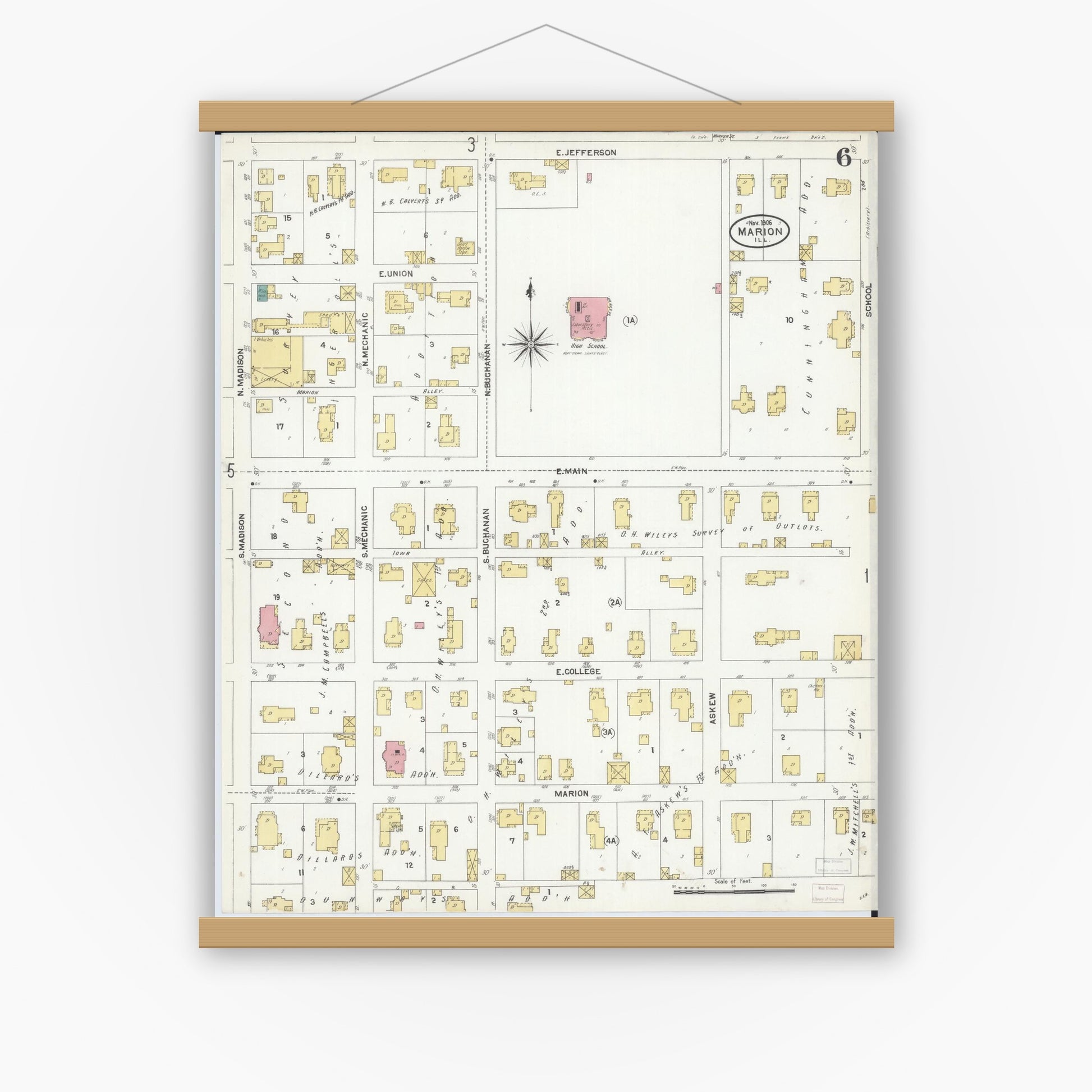 Old map wall art mockup — magnetic wood frame on white wall — Sanborn Fire Insurance Map from Marion, Williamson County, Illinois (1906), Sheet #0006
