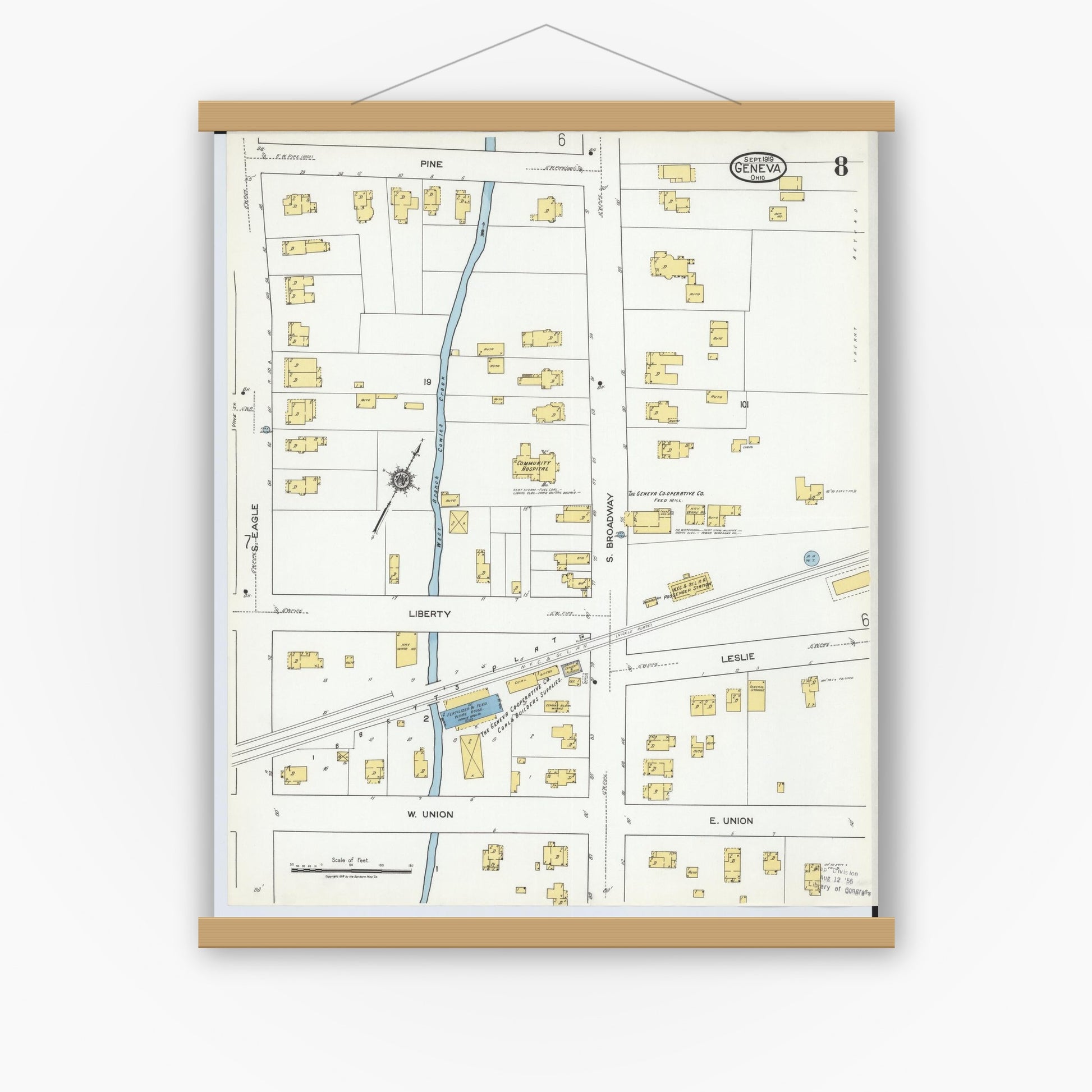 Old map wall art mockup — magnetic wood frame on white wall — Sanborn Fire Insurance Map from Geneva, Ashtabula County, Ohio (1919), Sheet #0008