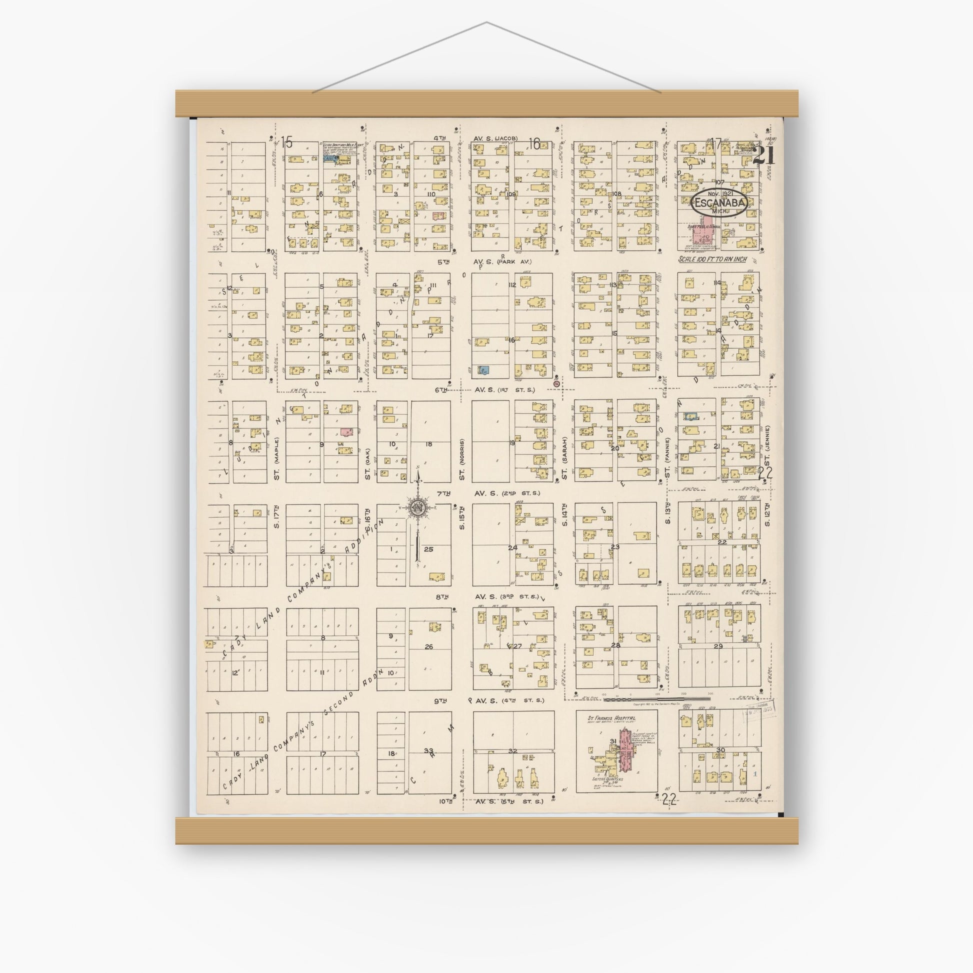 Old map wall art mockup — magnetic wood frame on white wall — Sanborn Fire Insurance Map from Escanaba, Delta County, Michigan (1921), Sheet #0021