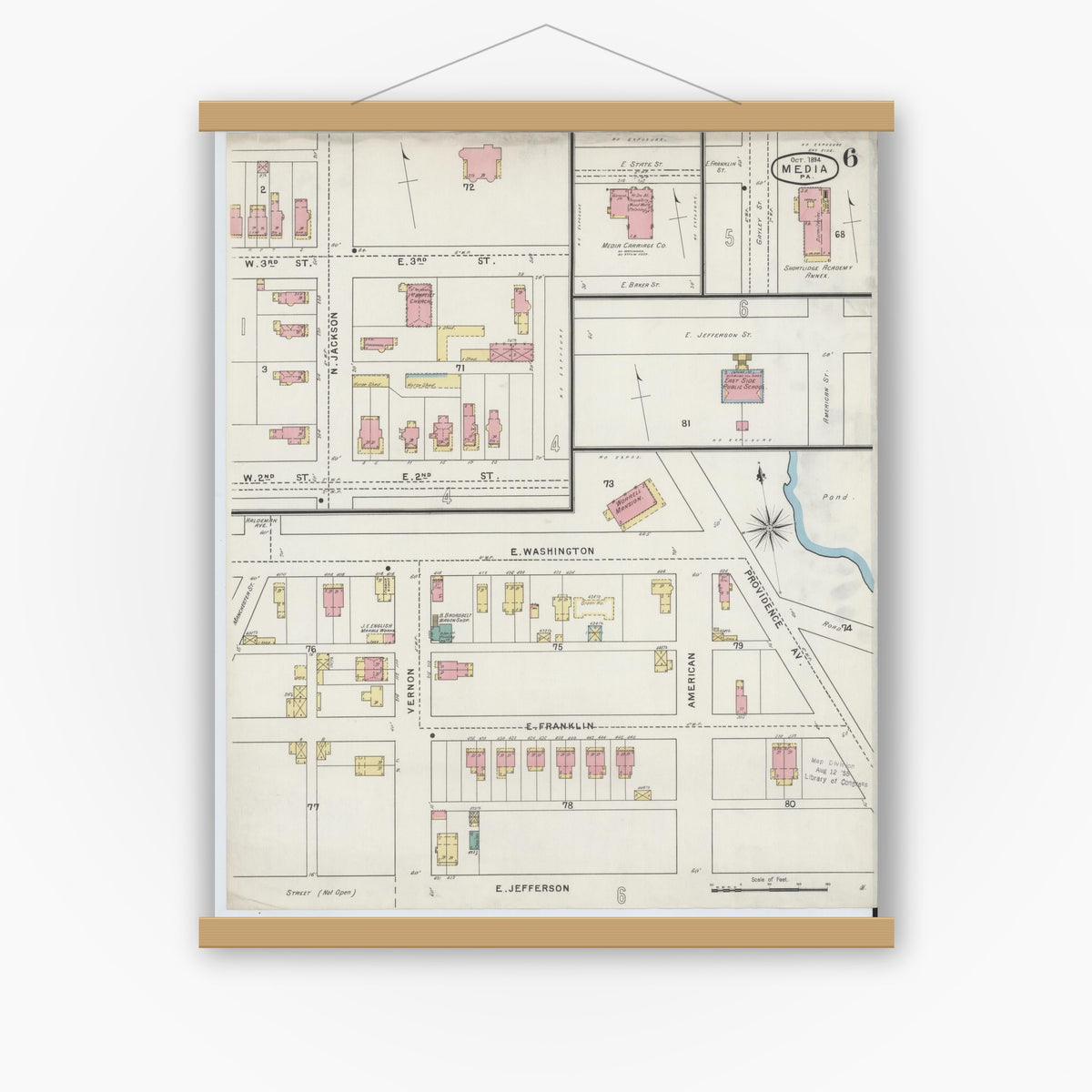 Old map wall art mockup — magnetic wood frame on white wall — Sanborn Fire Insurance Map from Media, Delaware County, Pennsylvania (1894), Sheet #0006
