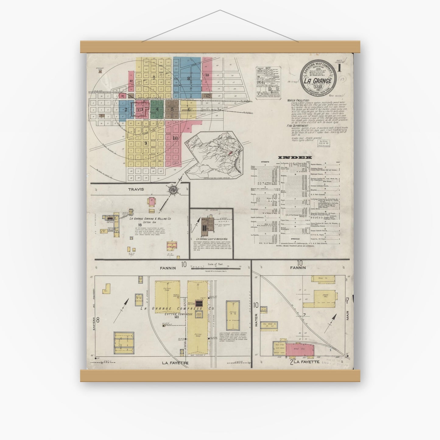 Old map wall art mockup — magnetic wood frame on white wall — Sanborn Fire Insurance Map from La Grange, Fayette County, Texas (1921), Sheet #0001