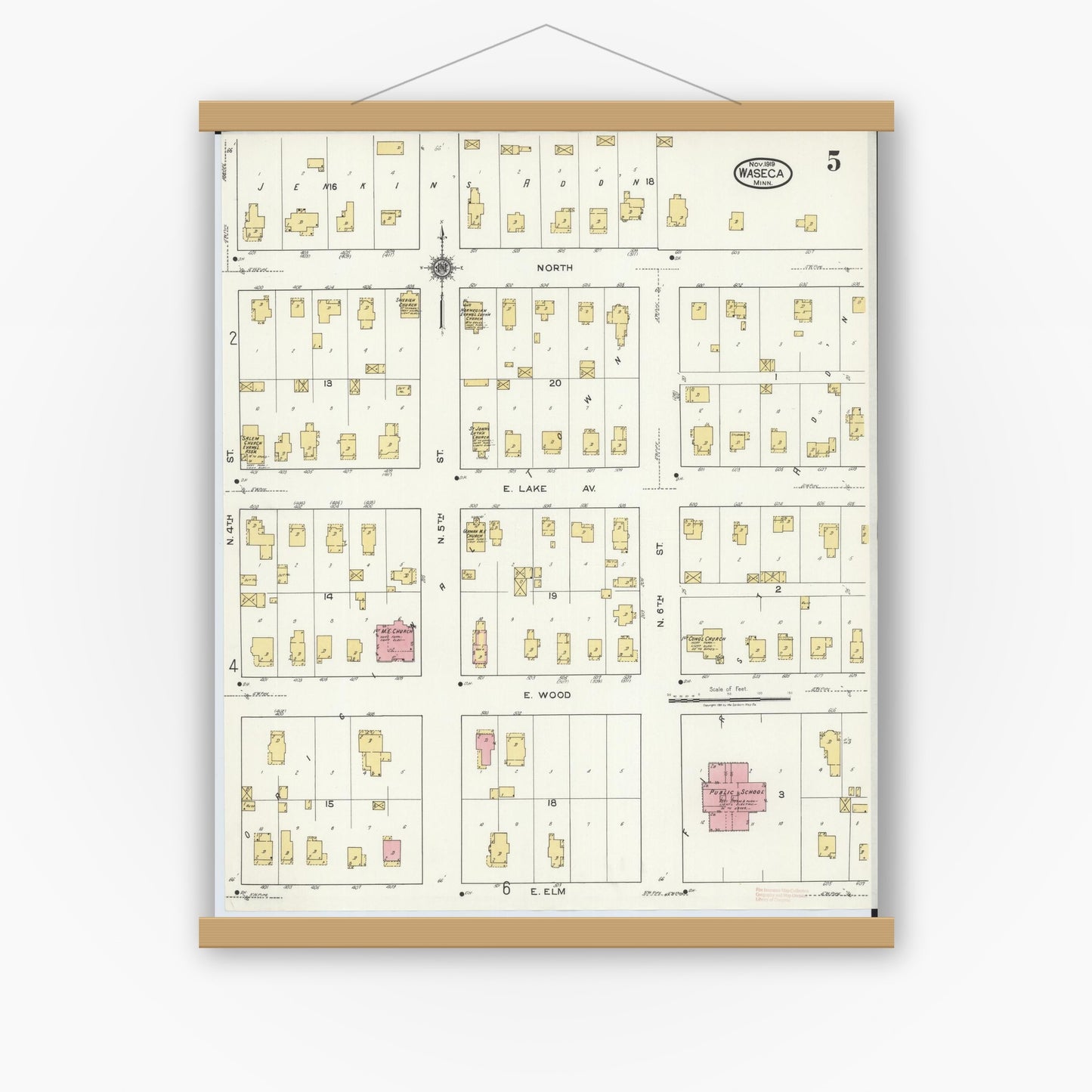 Old map wall art mockup — magnetic wood frame on white wall — Sanborn Fire Insurance Map from Waseca, Waseca County, Minnesota (1919), Sheet #0005
