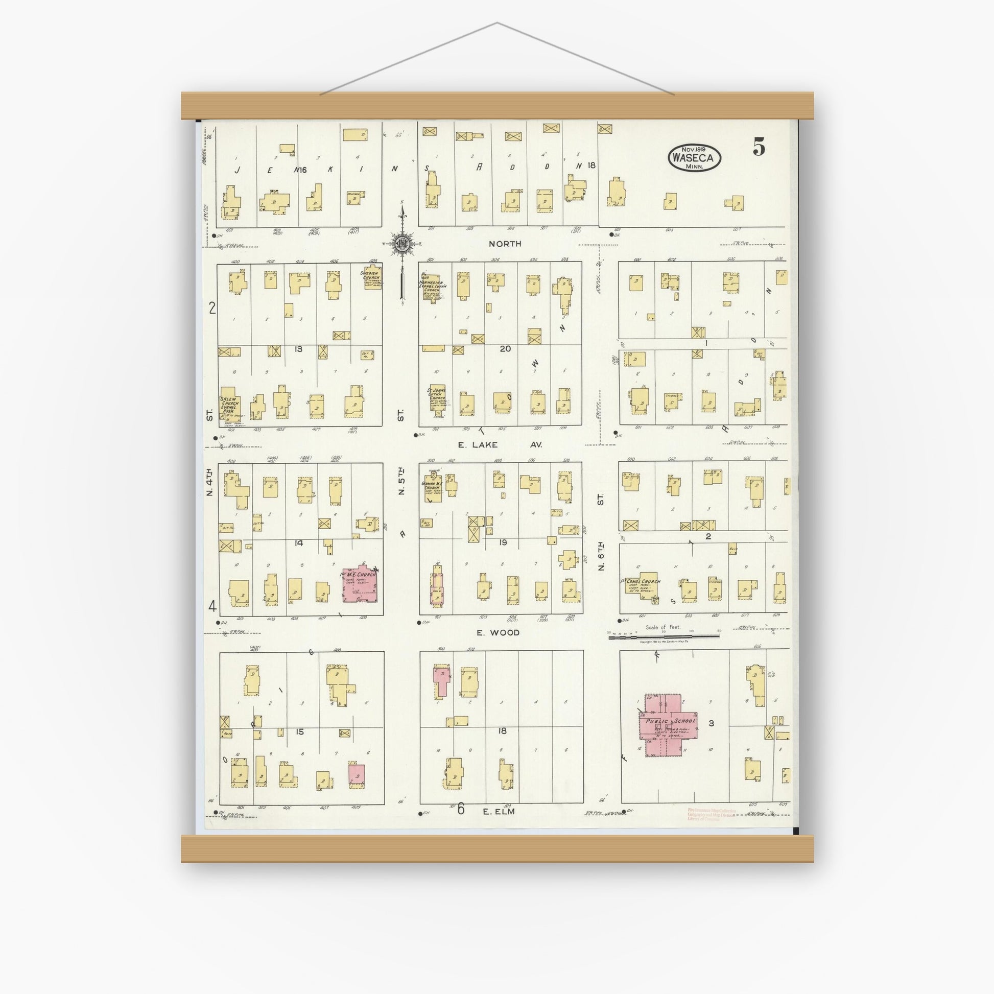 Old map wall art mockup — magnetic wood frame on white wall — Sanborn Fire Insurance Map from Waseca, Waseca County, Minnesota (1919), Sheet #0005